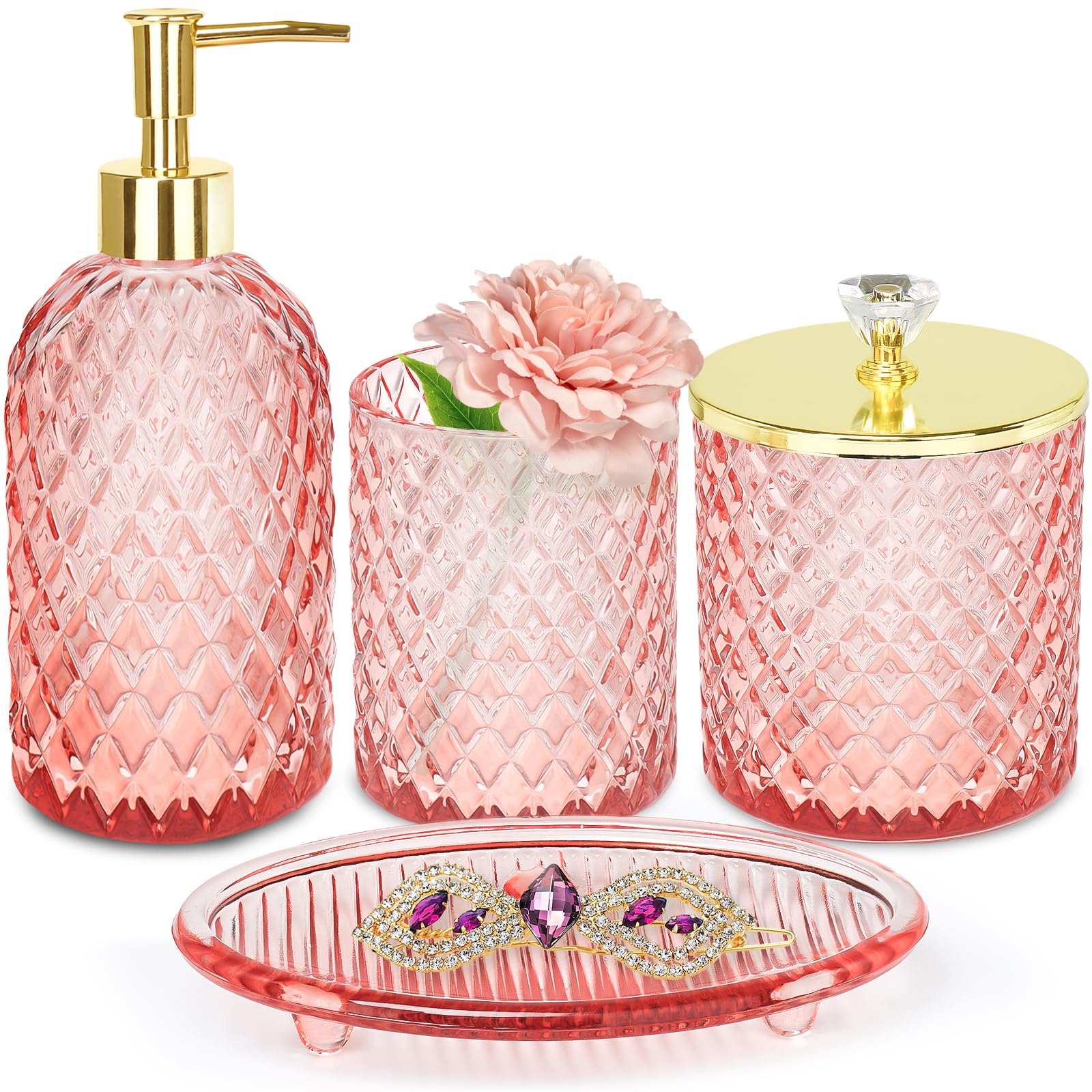 Haturi pink soap dispenser enhances counter organization with a stylish gold lid