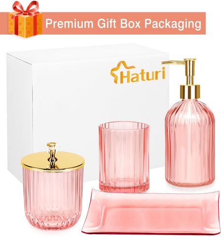 Haturi pink glass apothecary jar stores cotton swabs and small accessories