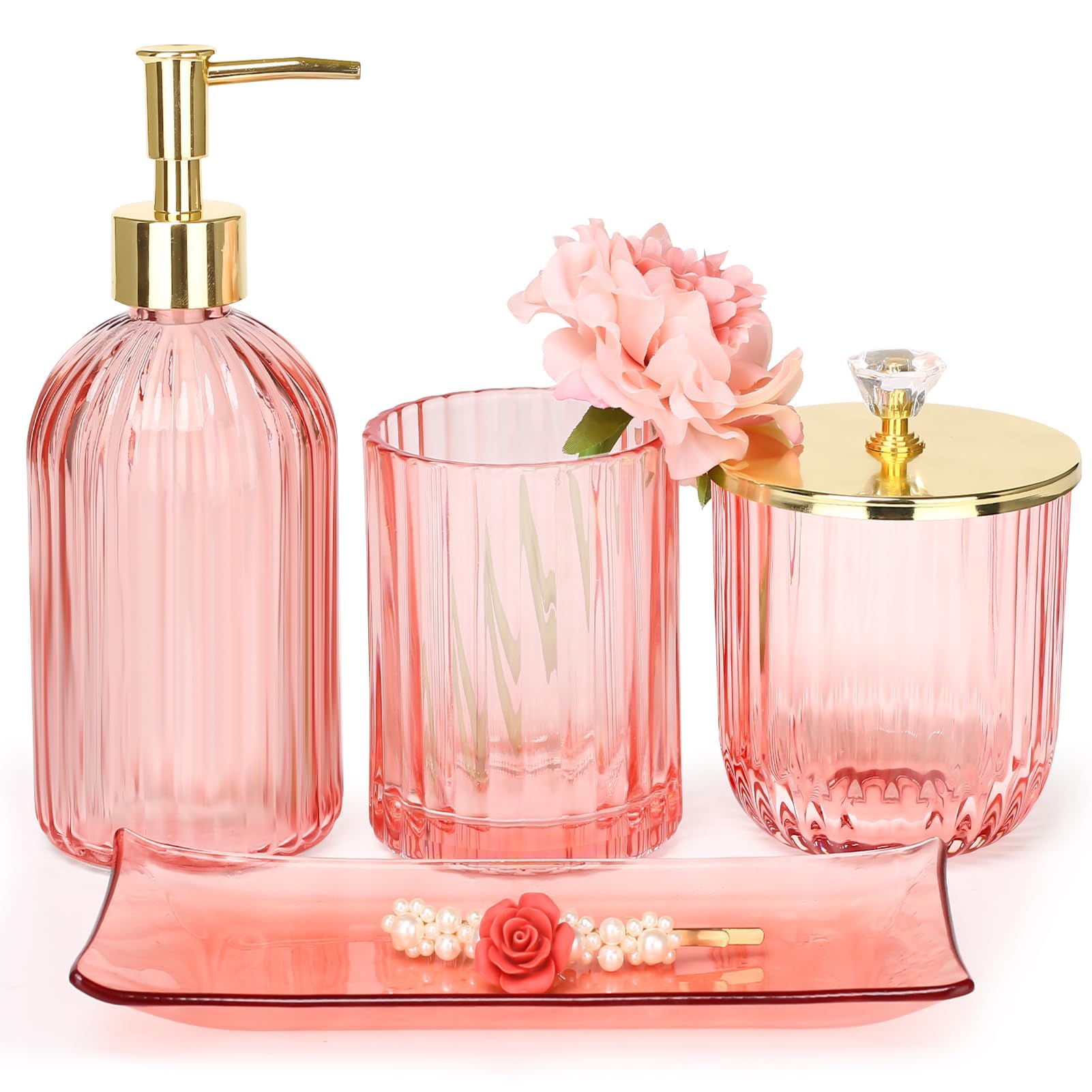 Haturi pink glass dispenser for soap or lotion, adding stylish counter organization