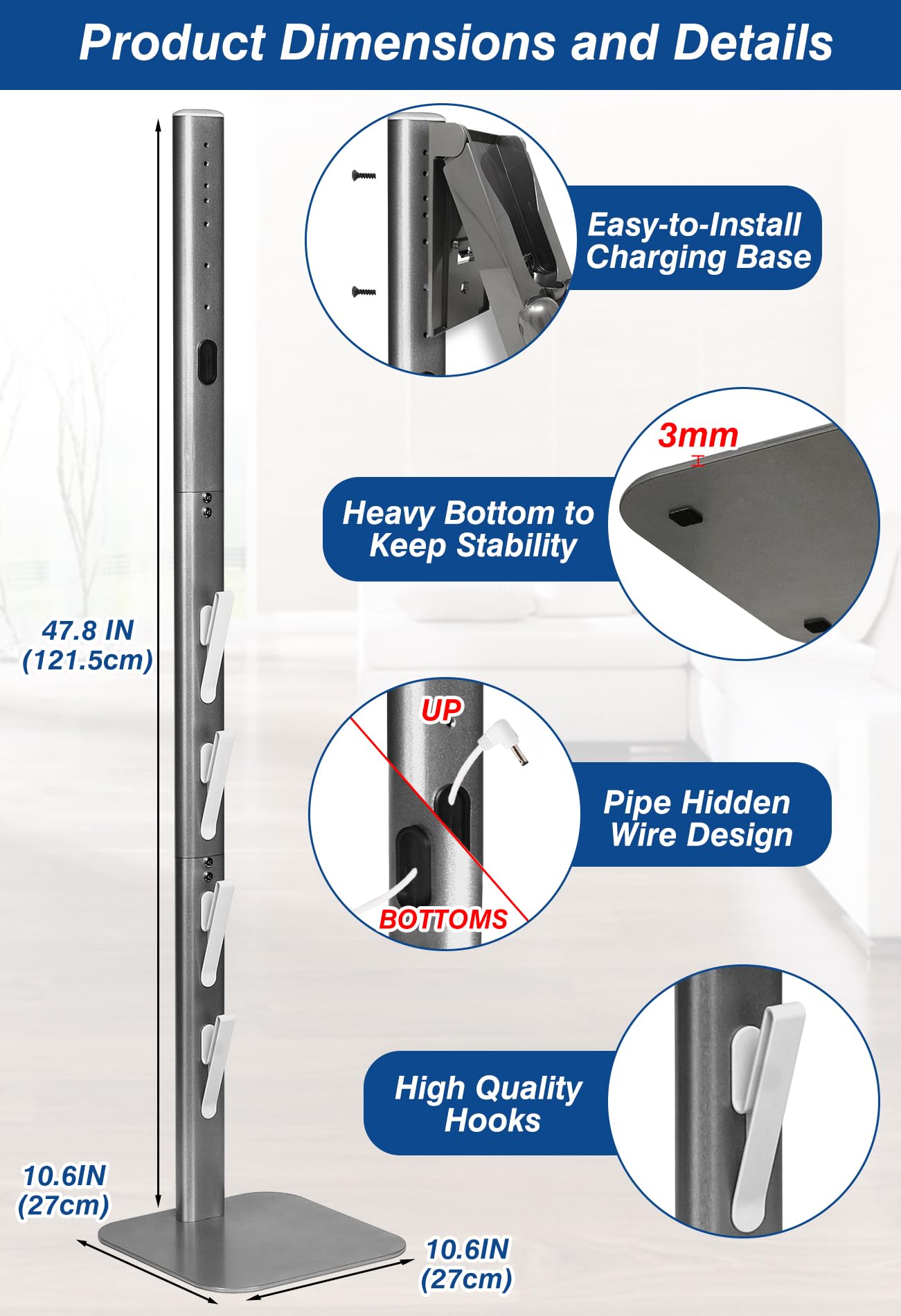 Haturi stand demonstrates four hooks for tips and attachments for quick access.