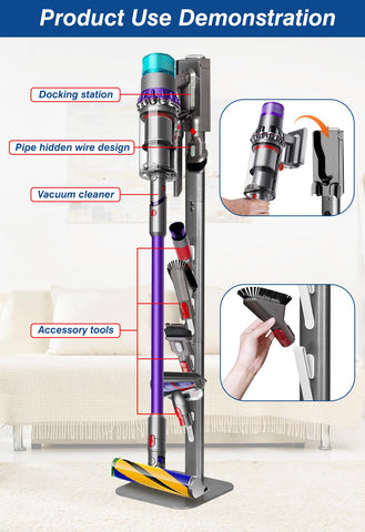 Haturi vacuum stand for Dyson V8/V7 highlights streamlined storage and accessory hooks.