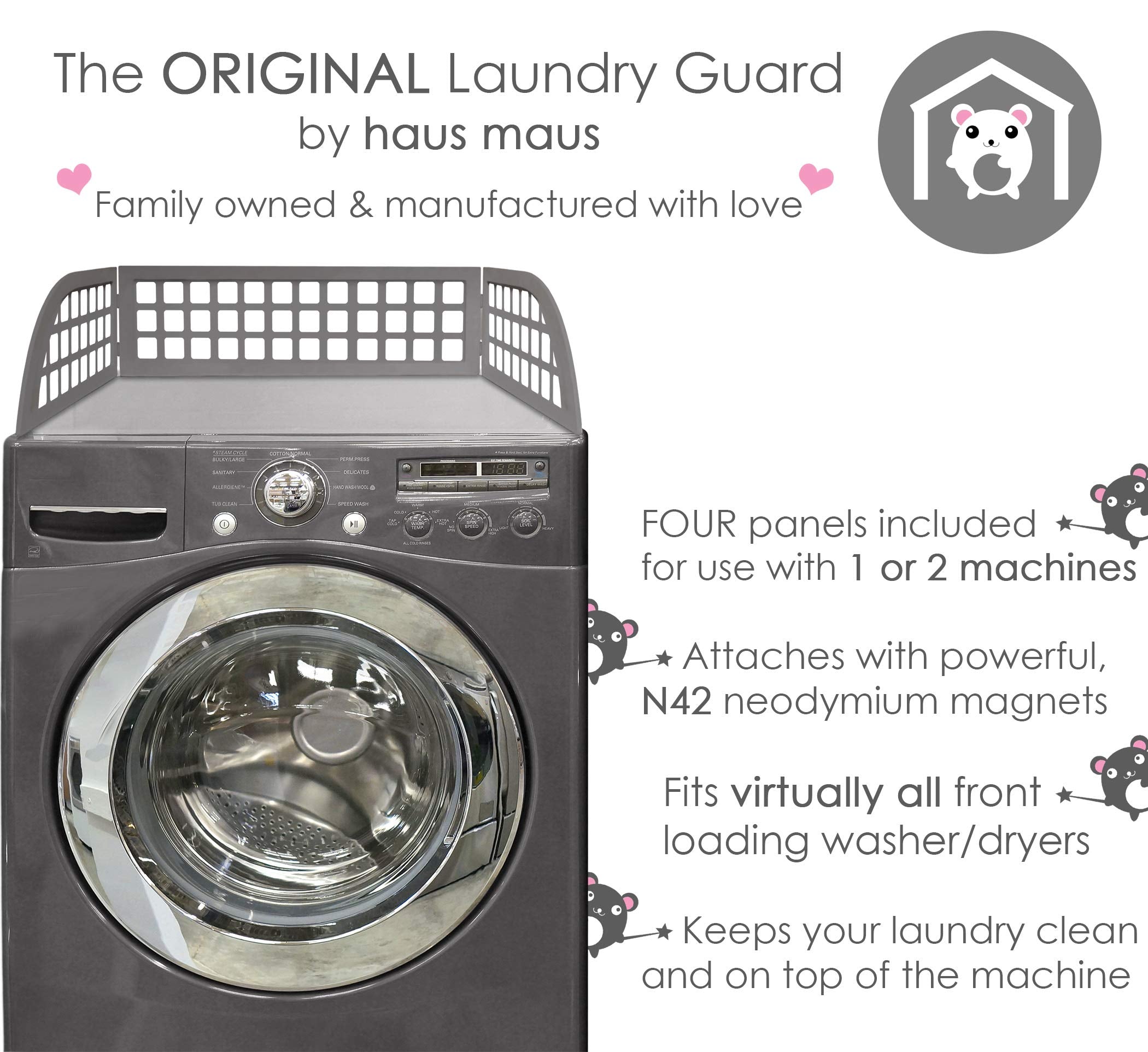 Haus Maus Laundry Guard hinged ends illustrating configurable fit around machines