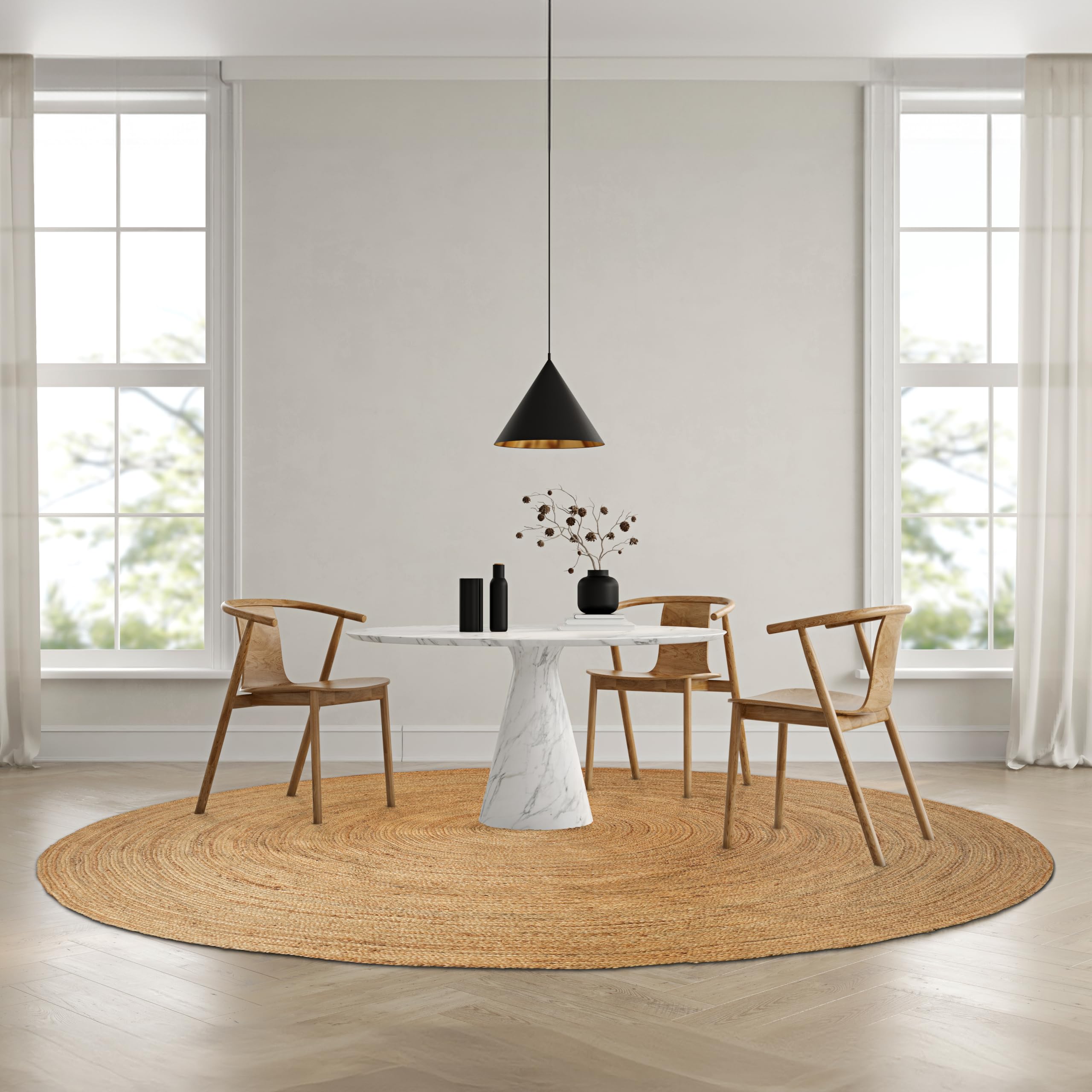 Hausattire 8ft round jute braided rug in a living room adds natural warmth.