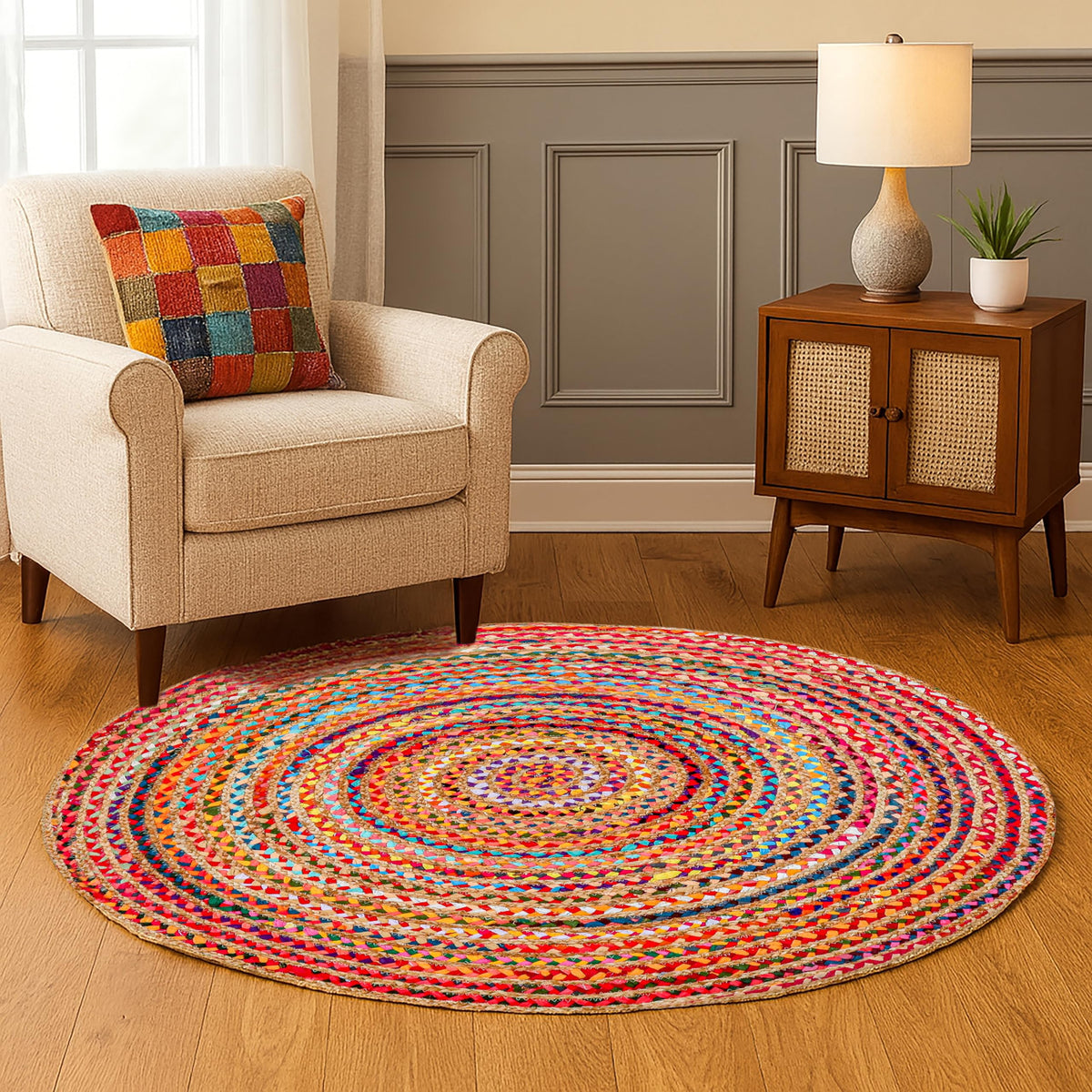 Hausattire bohemian braided rug 4-foot round in multi color adds a cozy focal point for living rooms.
