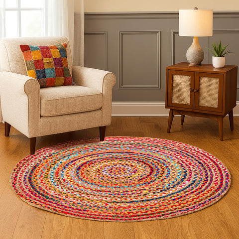 Hausattire bohemian braided rug 4-foot round in multi color adds a cozy focal point for living rooms.