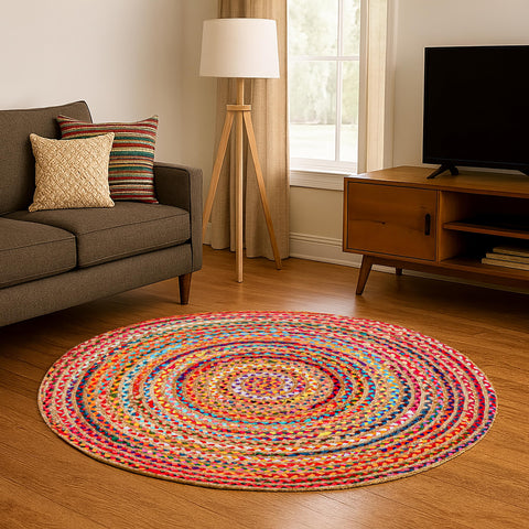 Hausattire circle farmhouse jute cotton rag rug brings natural texture to entryways and dining spaces.
