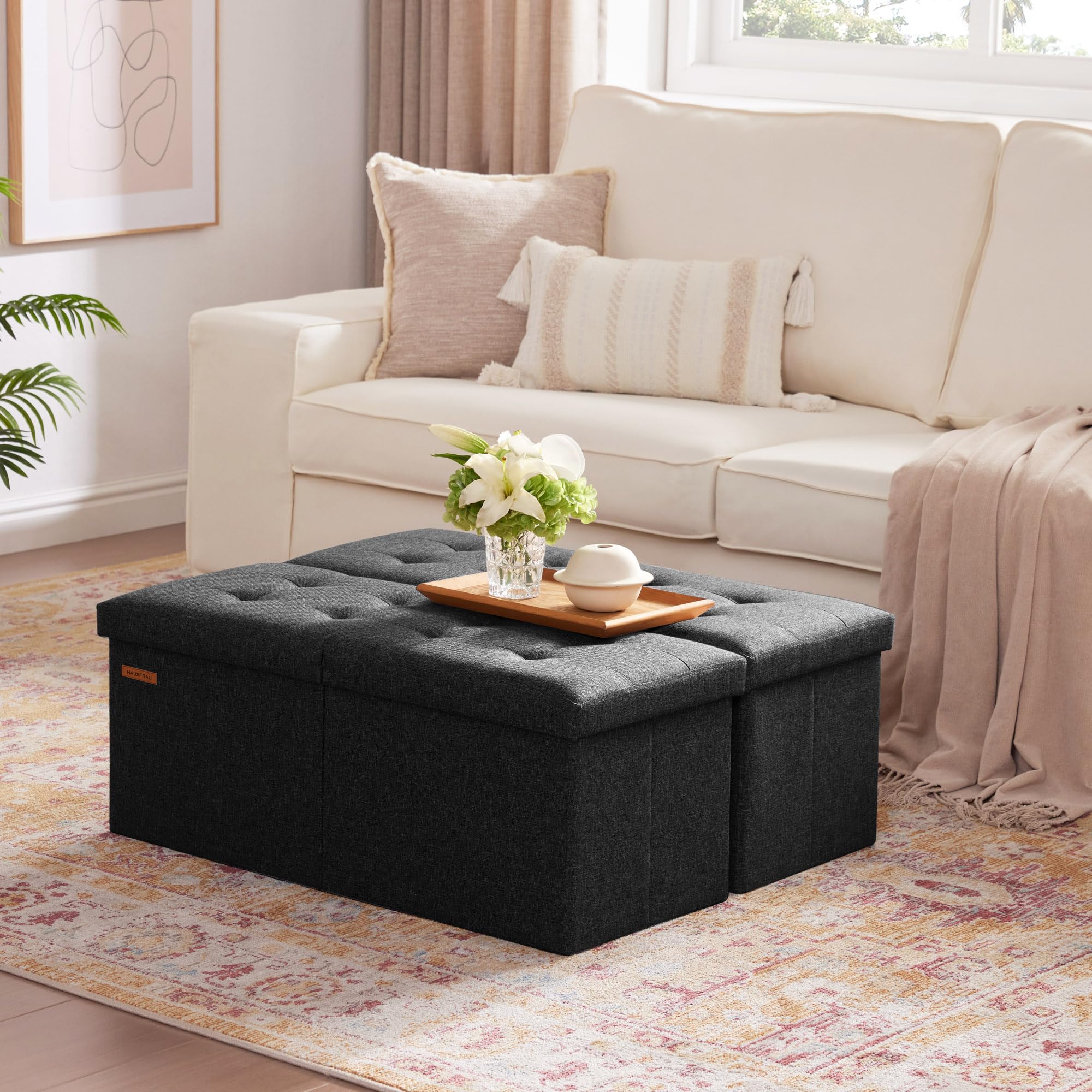 HAUSFRAU ottoman lid open showing removable storage bin
