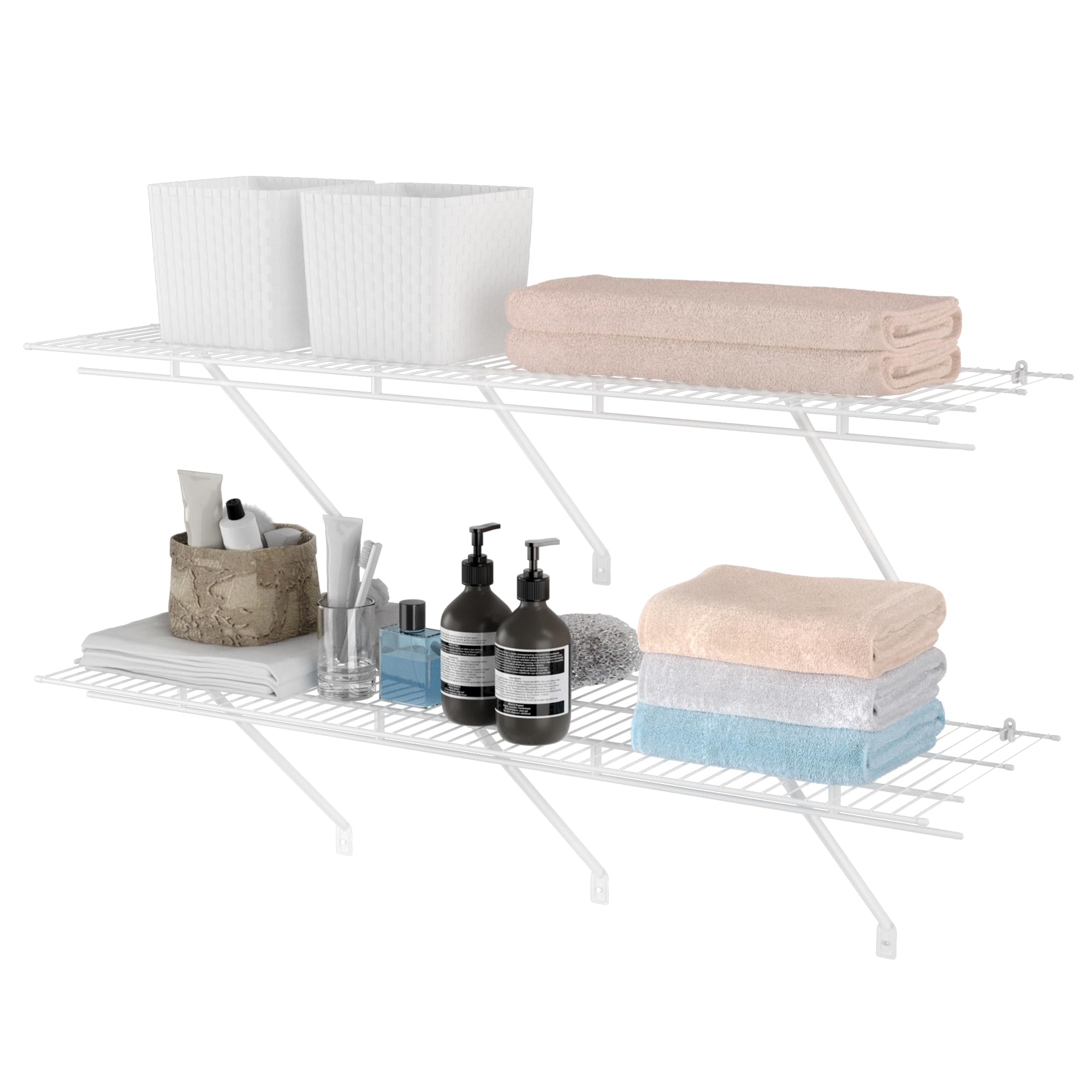 HAUSHOF wall-mounted wire shelf in white improves laundry room organization.