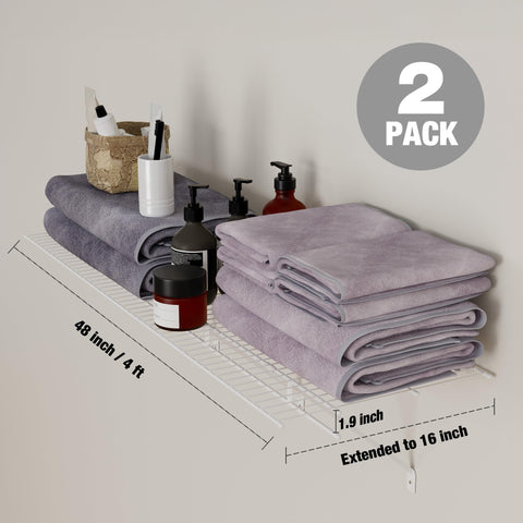 HAUSHOF 4ft x 16in white wire shelving, wall-mounted for closet use.