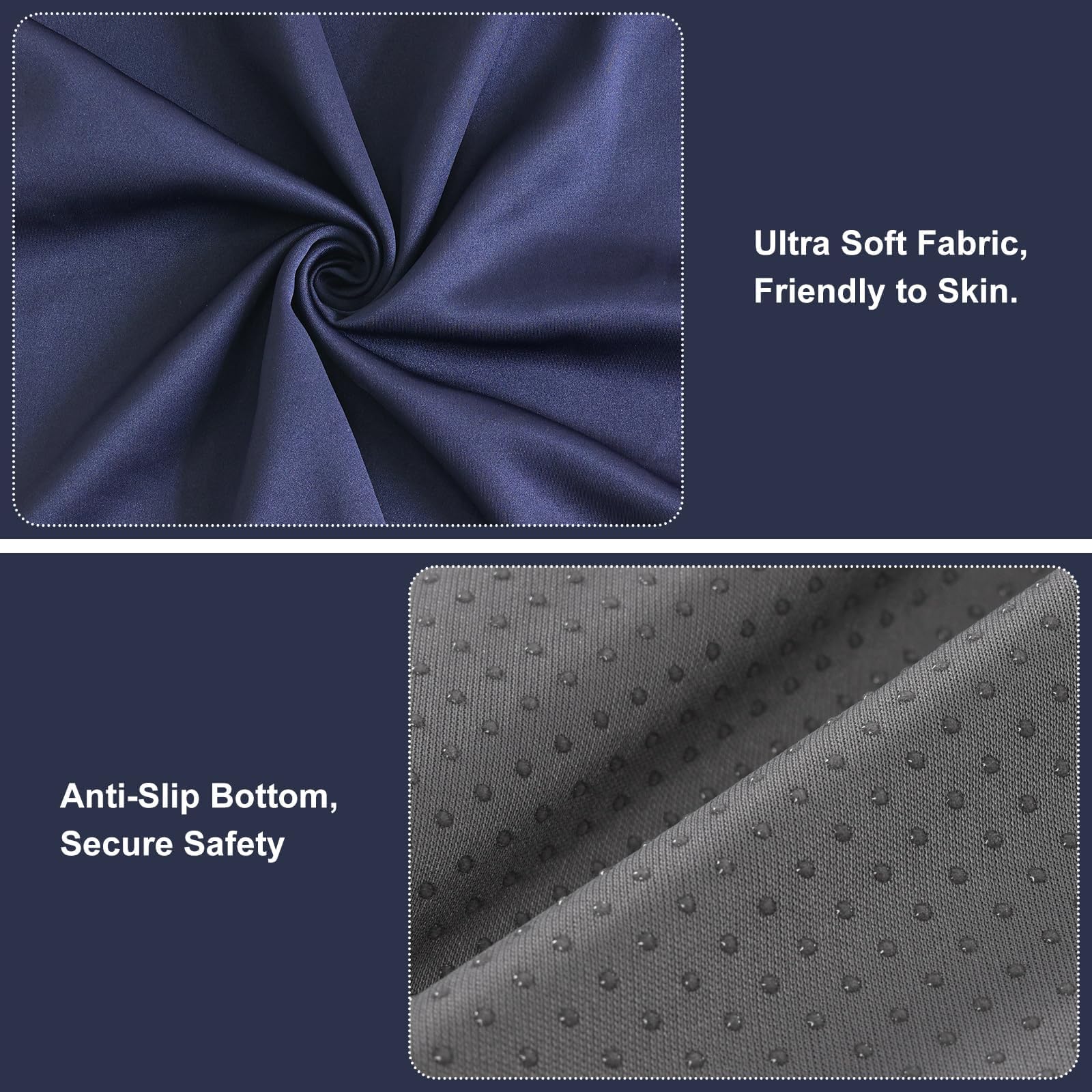 Navy fabric cover offers soft touch and easy maintenance.