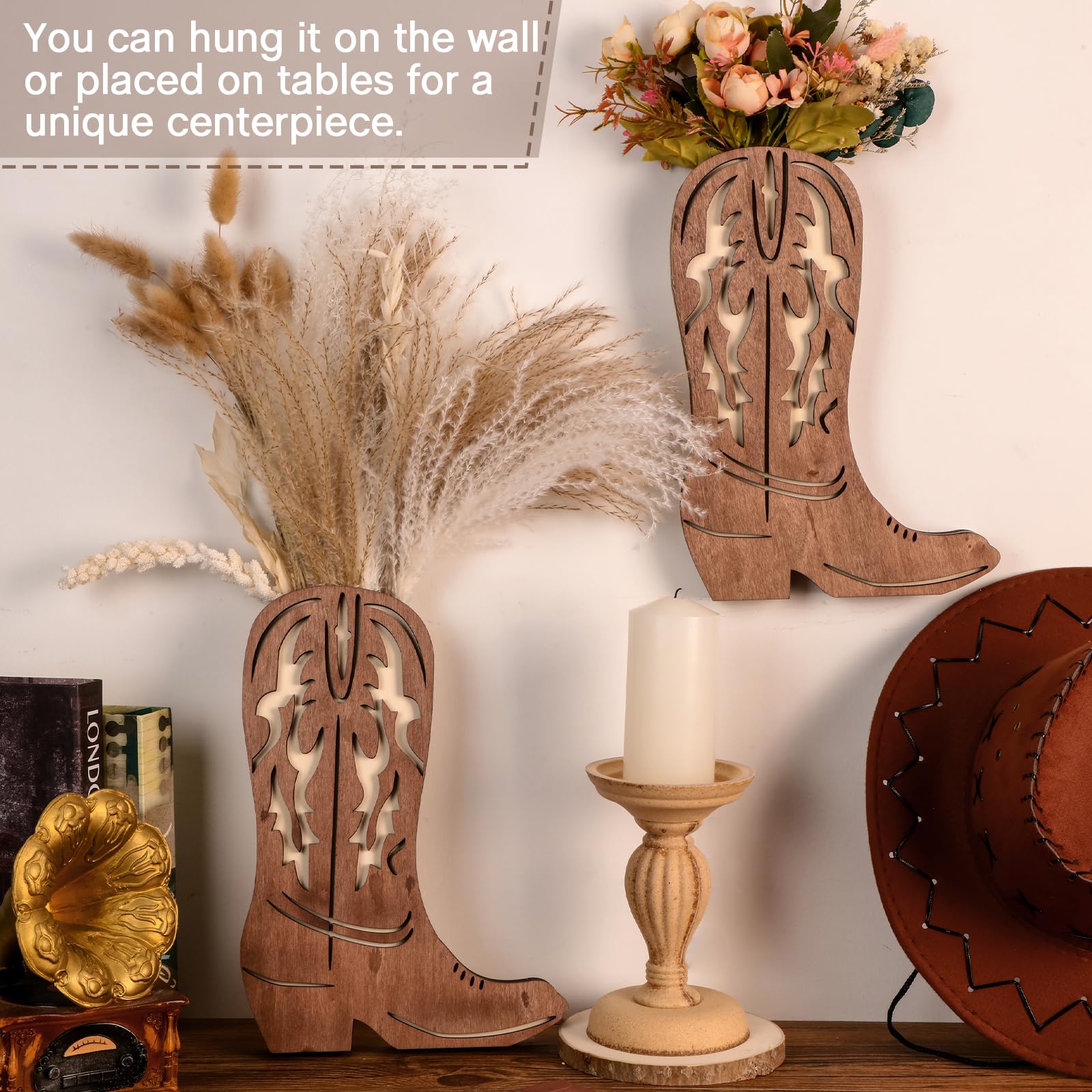 Havawish cowboy boots wall planter on surface used as centerpiece.