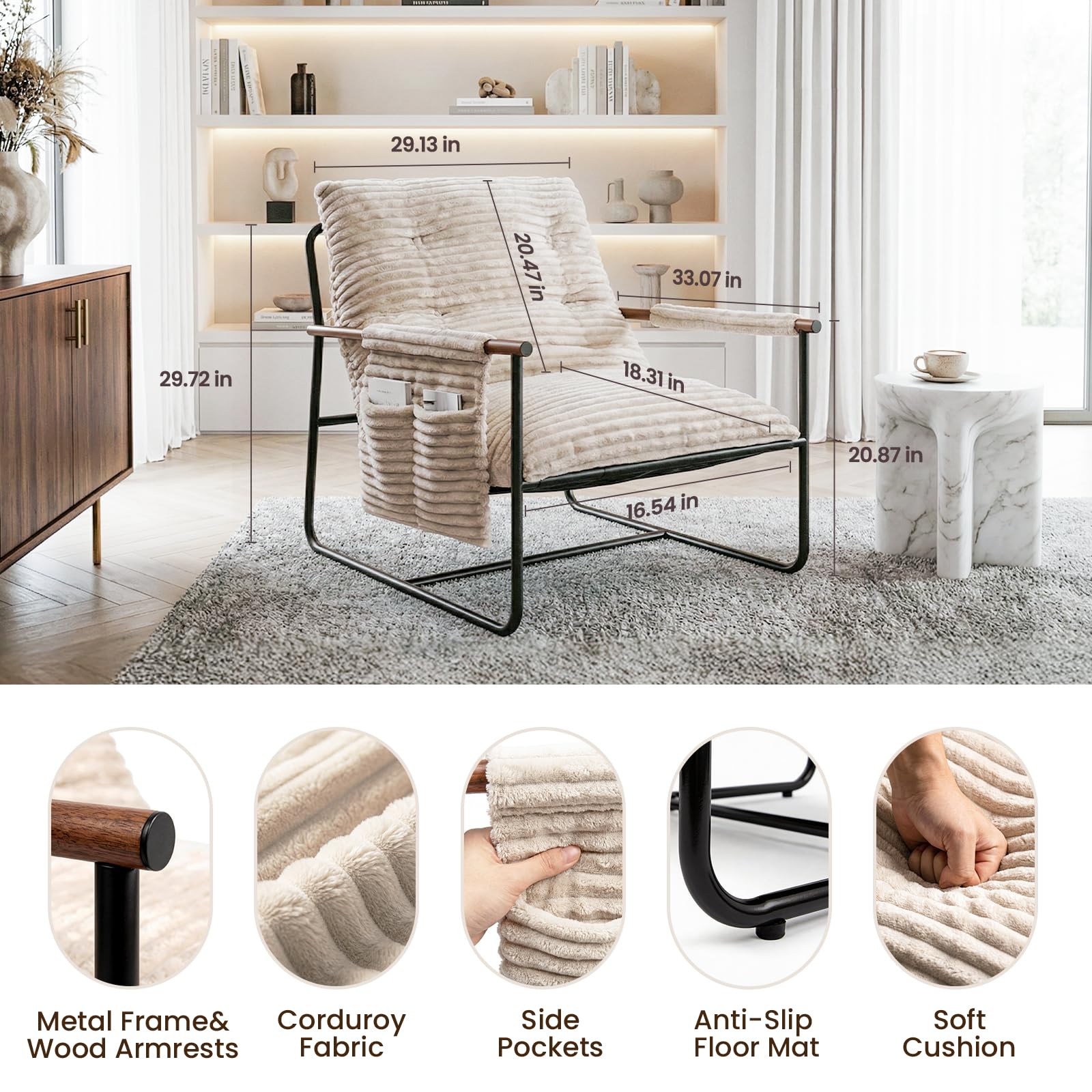 HavBeat Comfy Accent Chair wood armrests detail highlighting warm, natural touch.