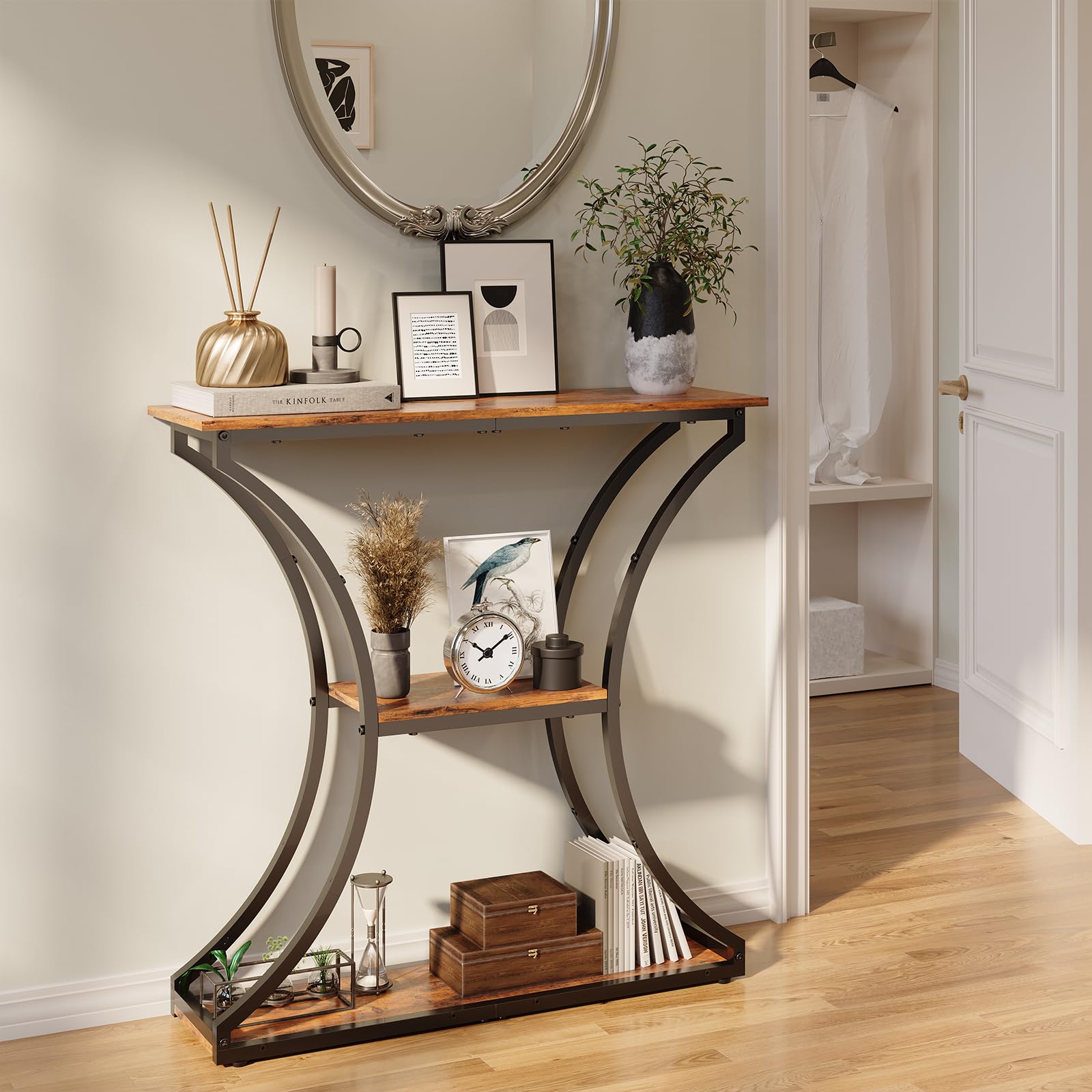 HavenlyYouth narrow console table viewed from the front showing slim profile and sturdy build