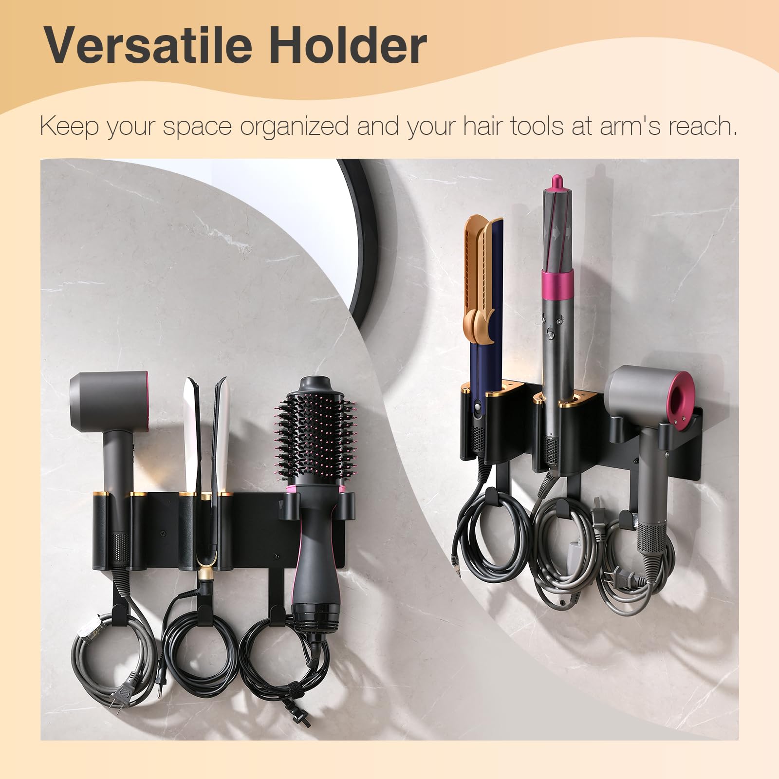 HAVICATO wall-mount for hair dryer slot, minimizes counter clutter and enhances reach.
