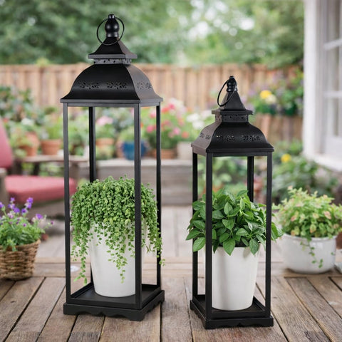 HAVITI black farmhouse lanterns suit front doors and entryways.