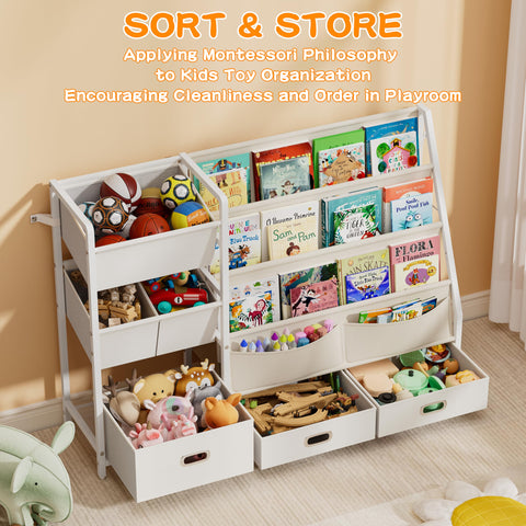 HAVLOTII 6-bin toy organizer stores blocks, dolls, and plush efficiently.