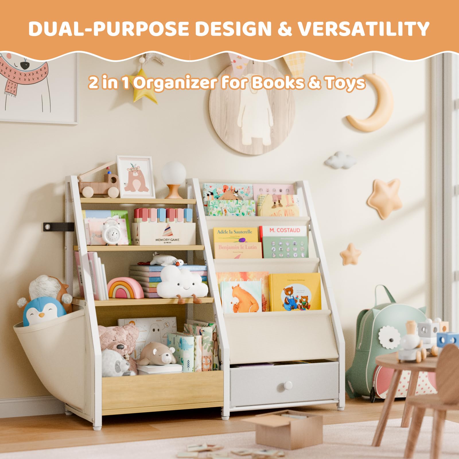 HAVLOTII burlywood color kid's bookcase fits small rooms while offering generous storage.