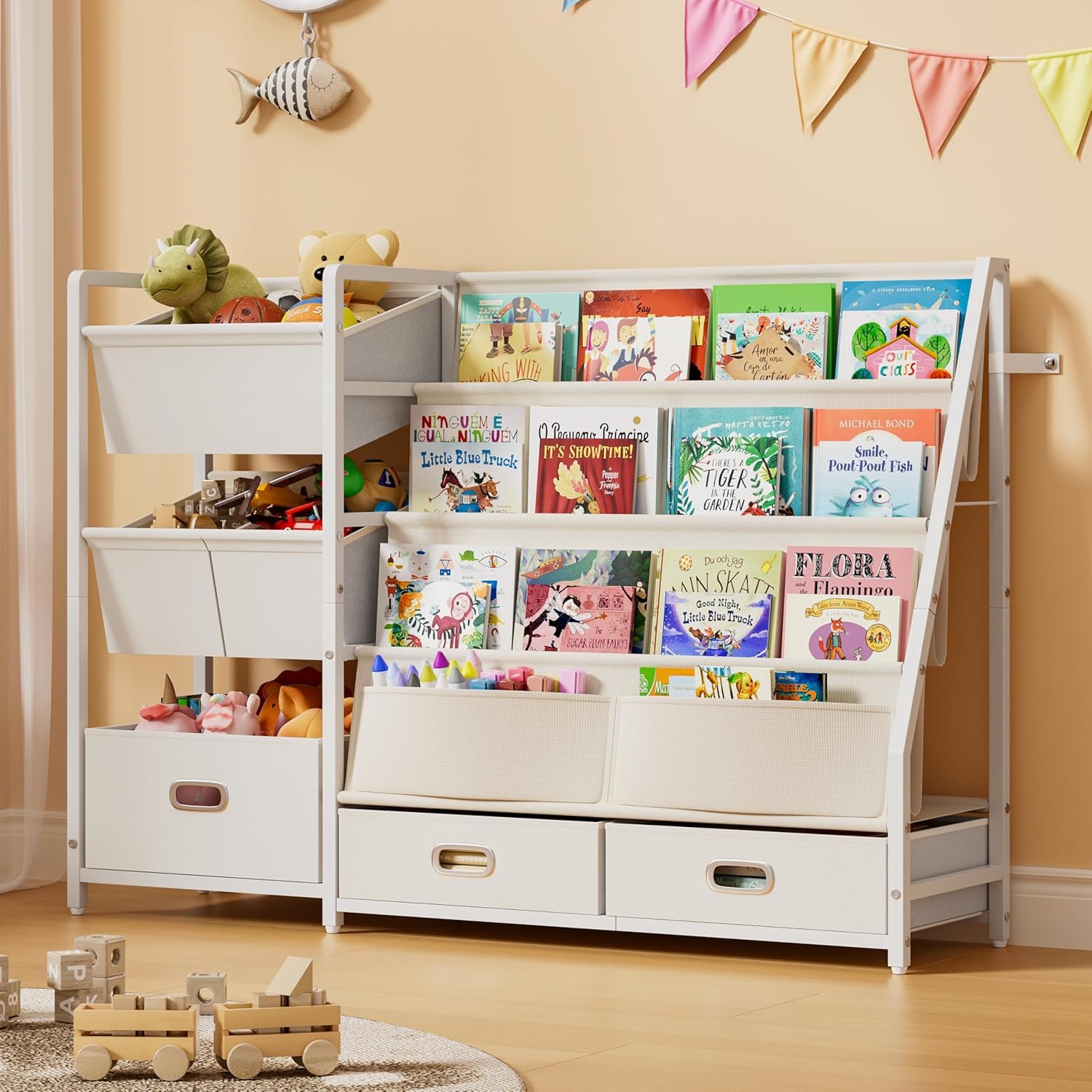 HAVLOTII Kids Bookshelf assembly view demonstrates sturdy structure and ready storage.