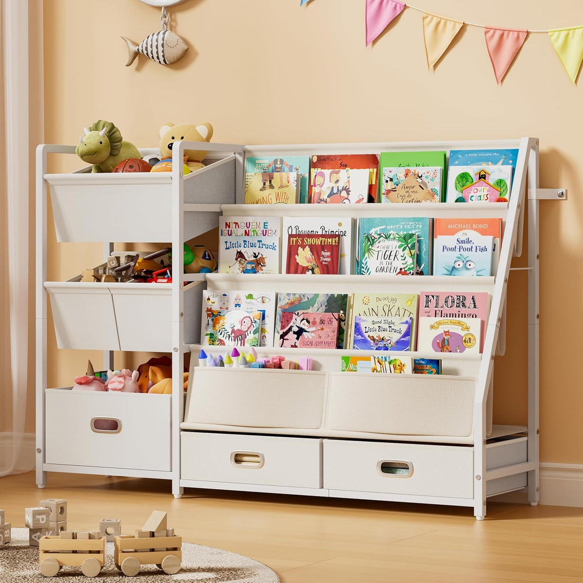 HAVLOTII Kids Bookshelf assembly view demonstrates sturdy structure and ready storage.