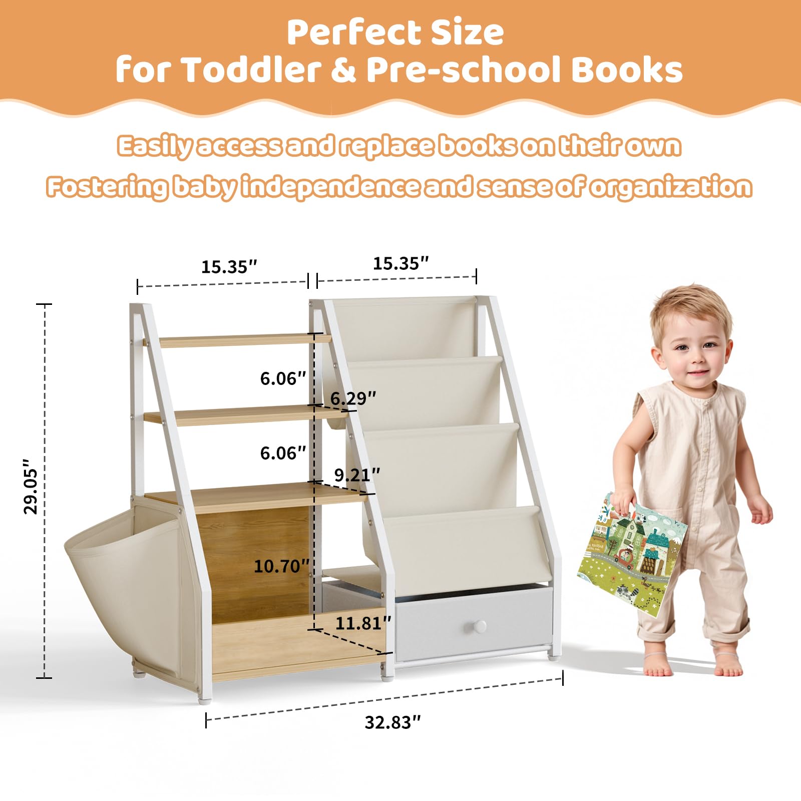 HAVLOTII kids bookshelf side-view shows sturdy frame and anti-tip stability for safe use.