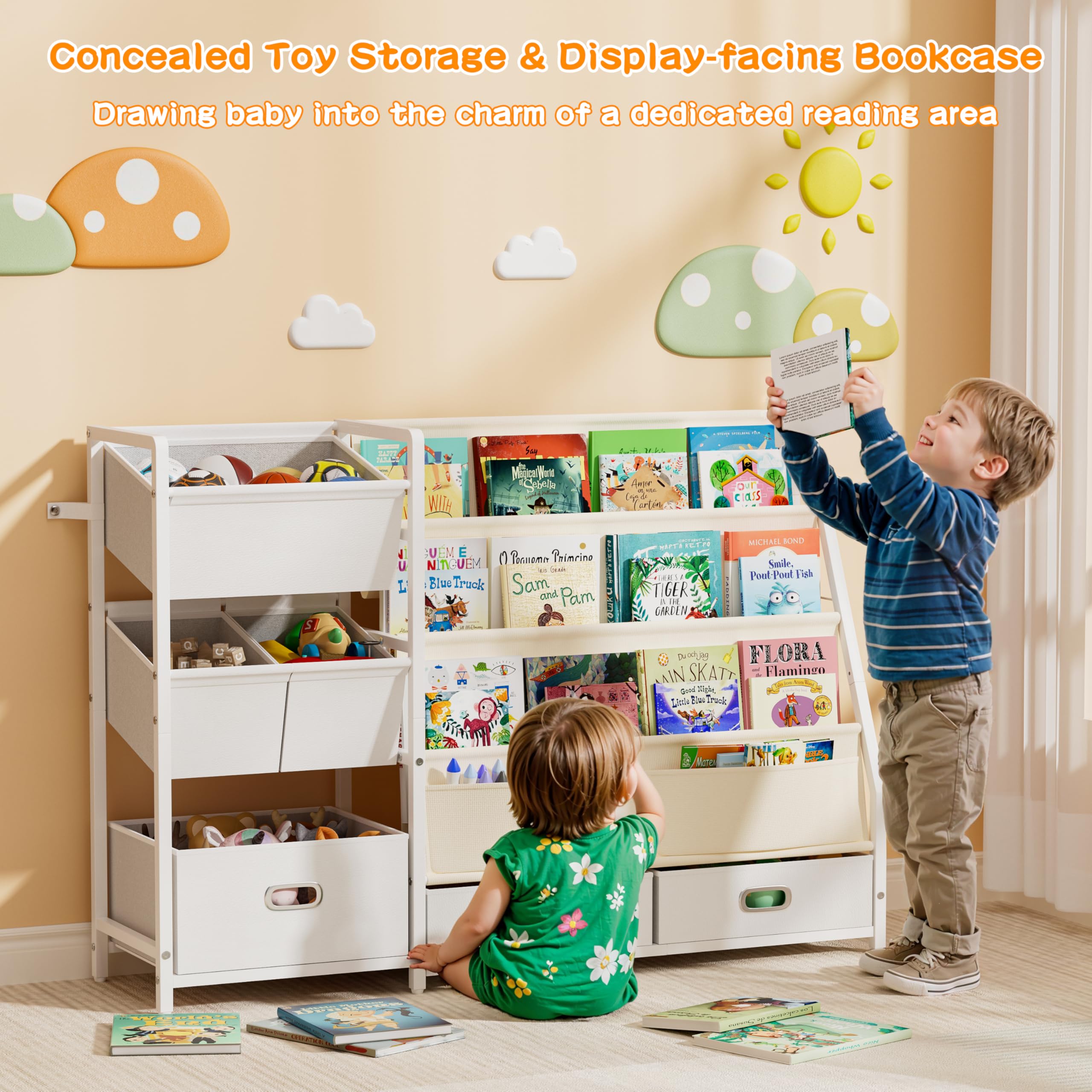 HAVLOTII kids-height-friendly bookshelf supports independent book and toy access.