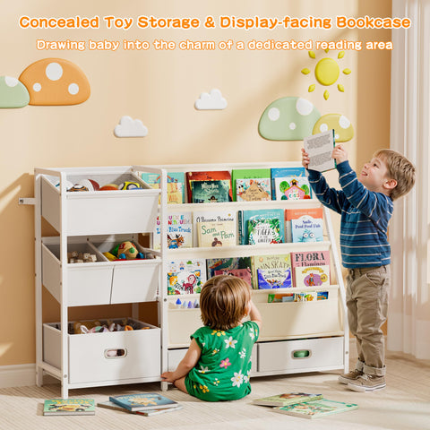 HAVLOTII kids-height-friendly bookshelf supports independent book and toy access.