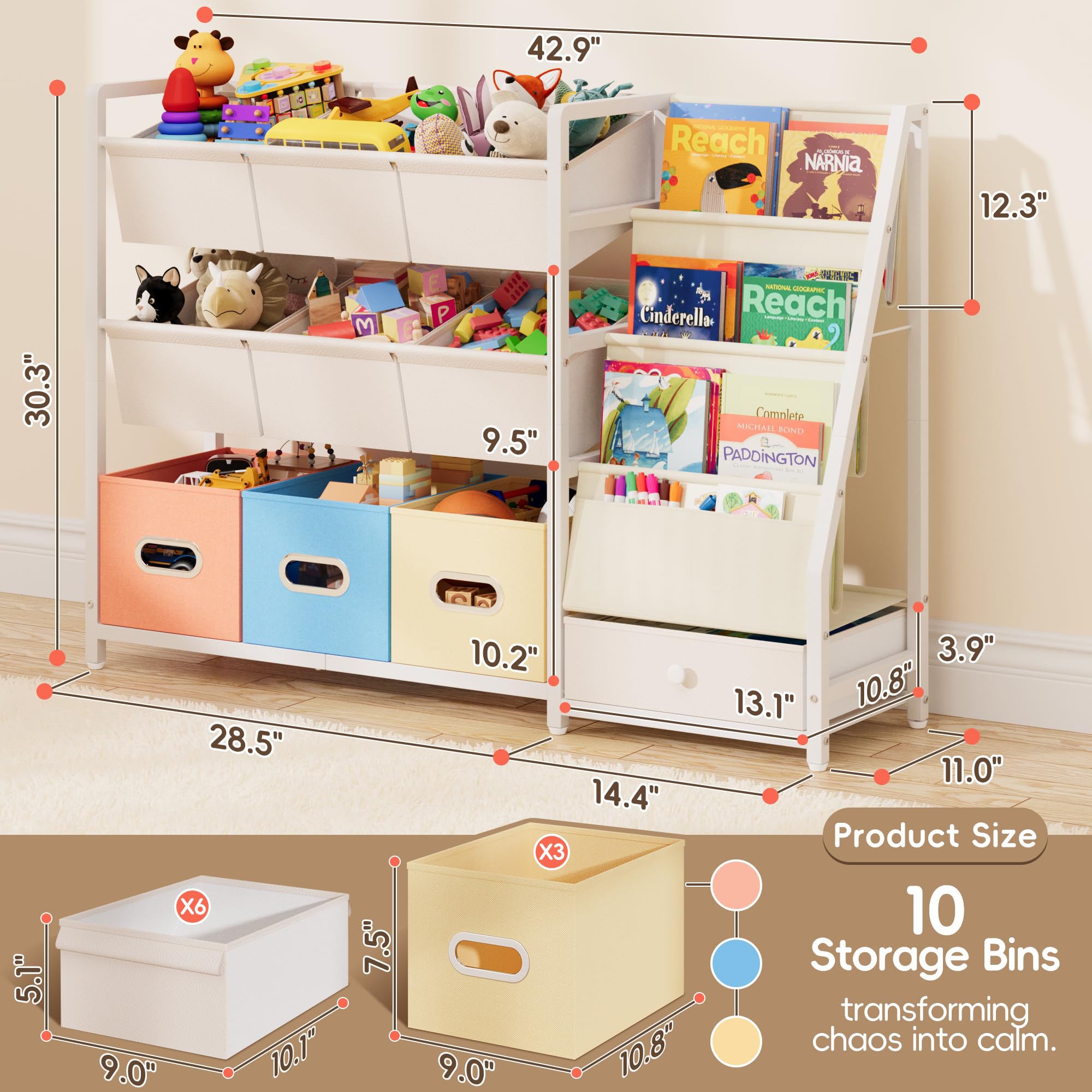 HAVLOTII 10-bin storage system sorts toys and books for easy cleanup