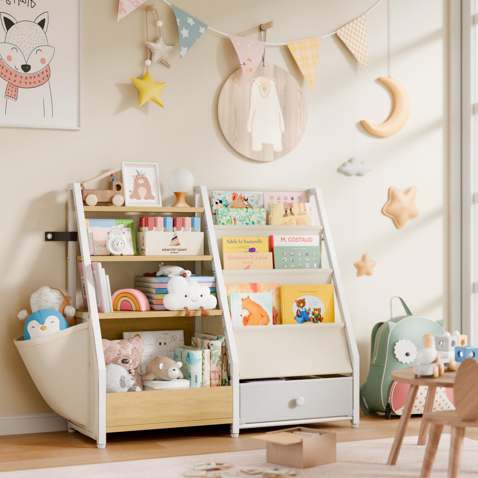 HAVLOTII multi-use storage image demonstrates tidy book and toy organization in a nursery.