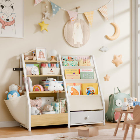 HAVLOTII multi-use storage image demonstrates tidy book and toy organization in a nursery.