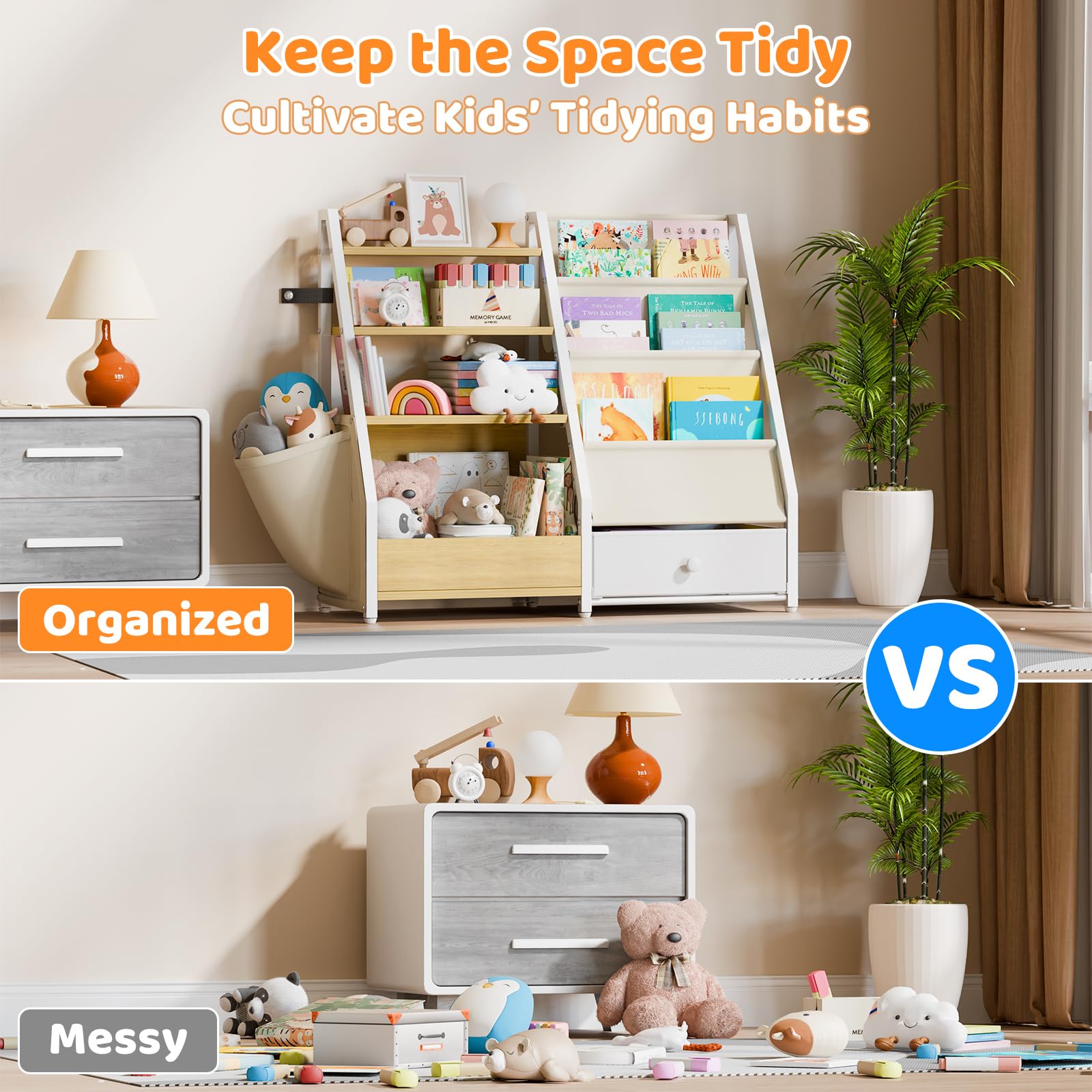 HAVLOTII toy storage organizer shows multiple compartments for toys and books.