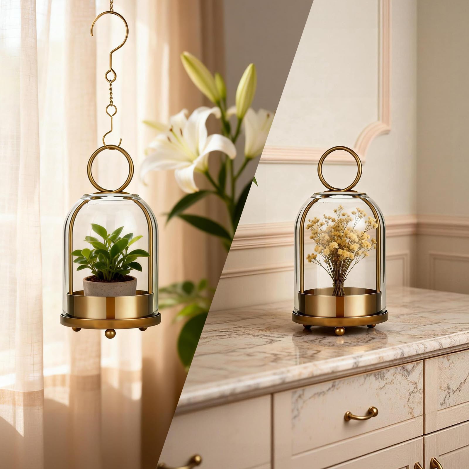 Havmorph hanging brass candle holder with hook for outdoor or entryway displays