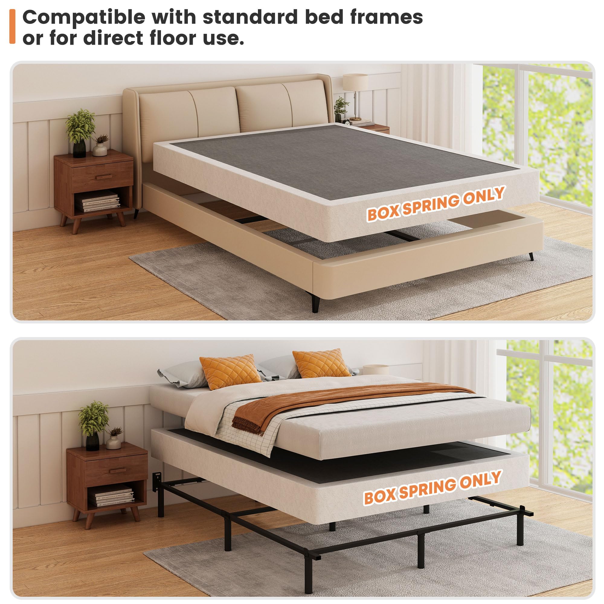 HAVONIZD queen box spring compatible with memory foam, latex, and hybrid mattresses.