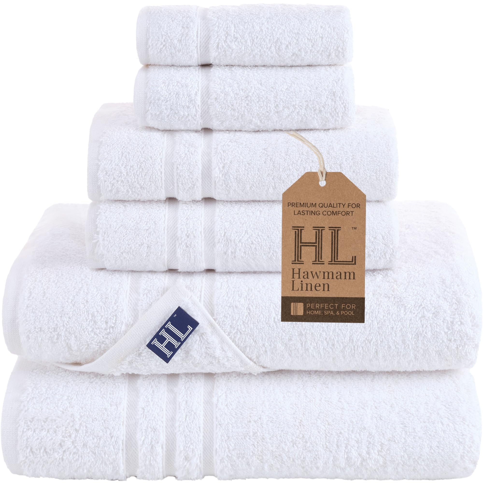 Hawmam Linen white 6-piece towels set packaged for premium presentation