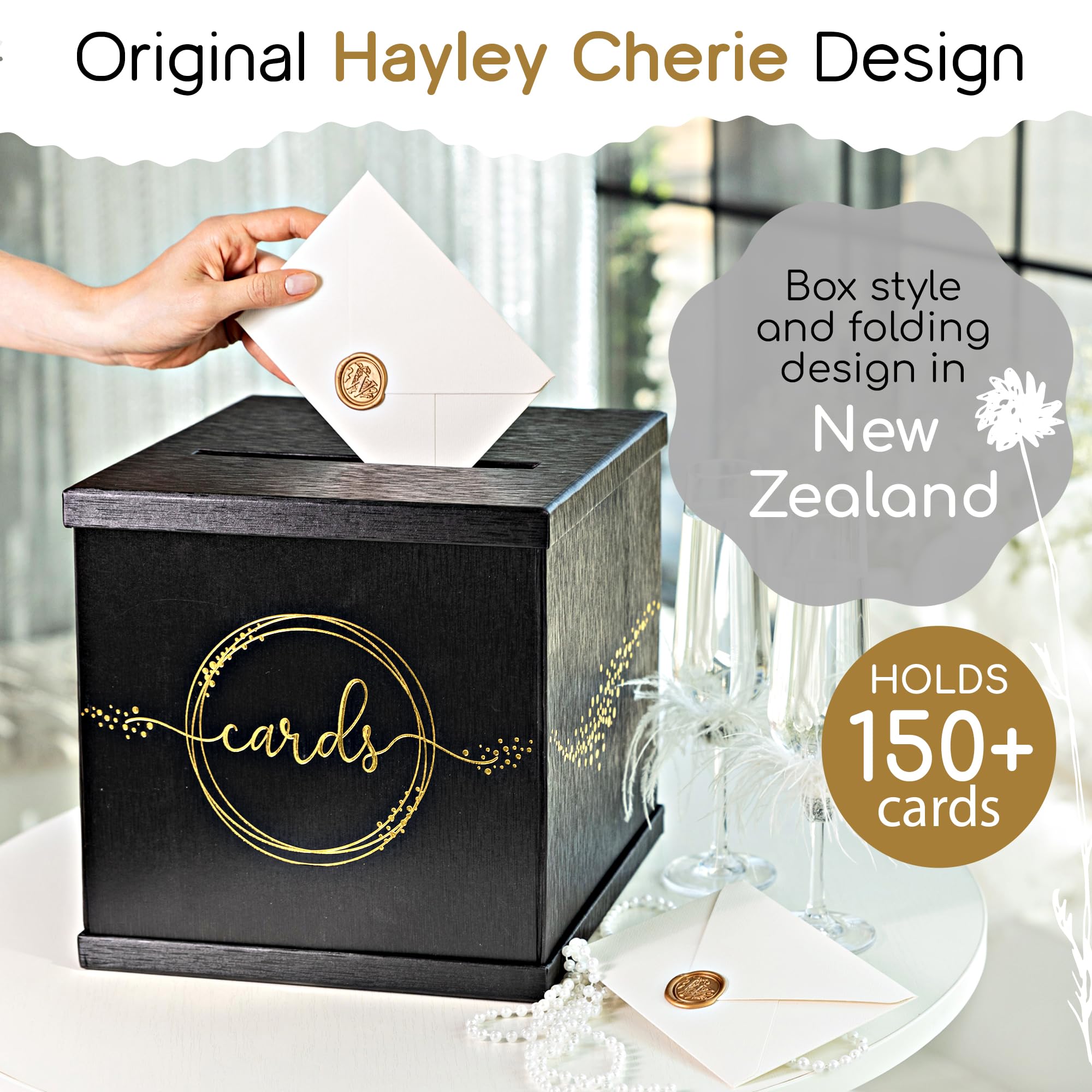Hayley Cherie black gold card box assembled, showcasing sturdy construction.