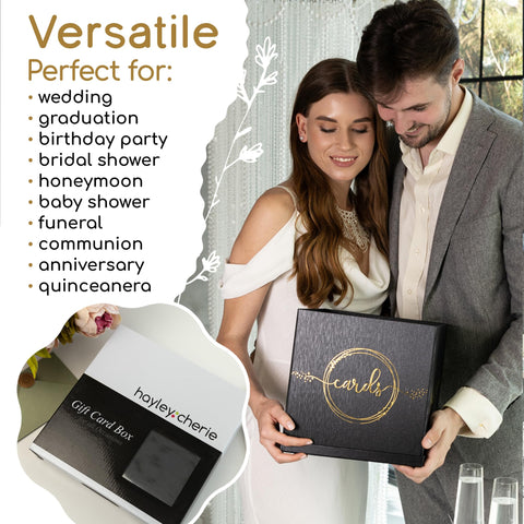 Hayley Cherie black gold card box uses thick grey board for durability.