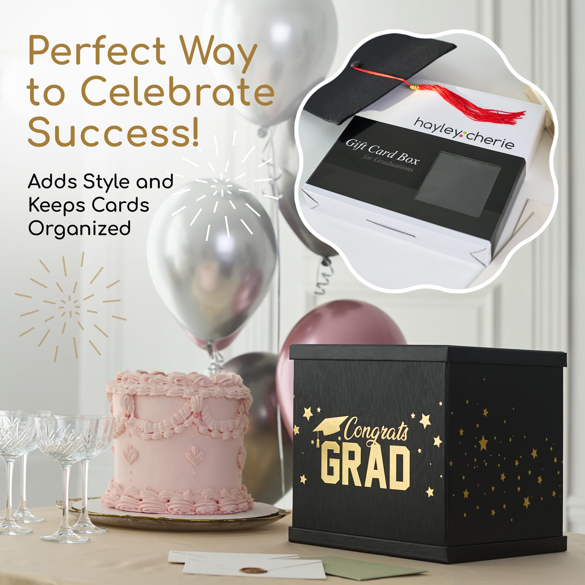 Hayley Cherie black-gold grad card box side detail with durable textured surface
