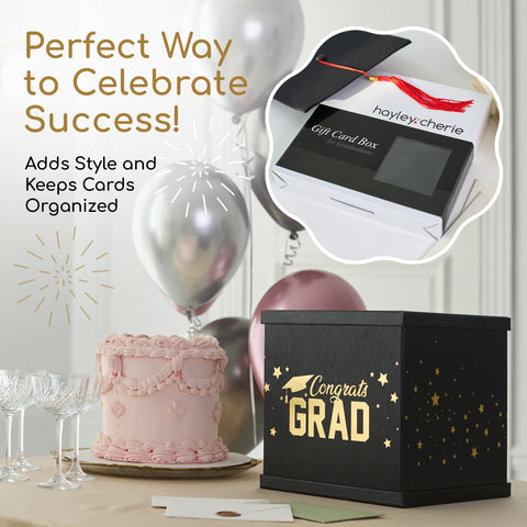 Hayley Cherie black-gold grad card box side detail with durable textured surface