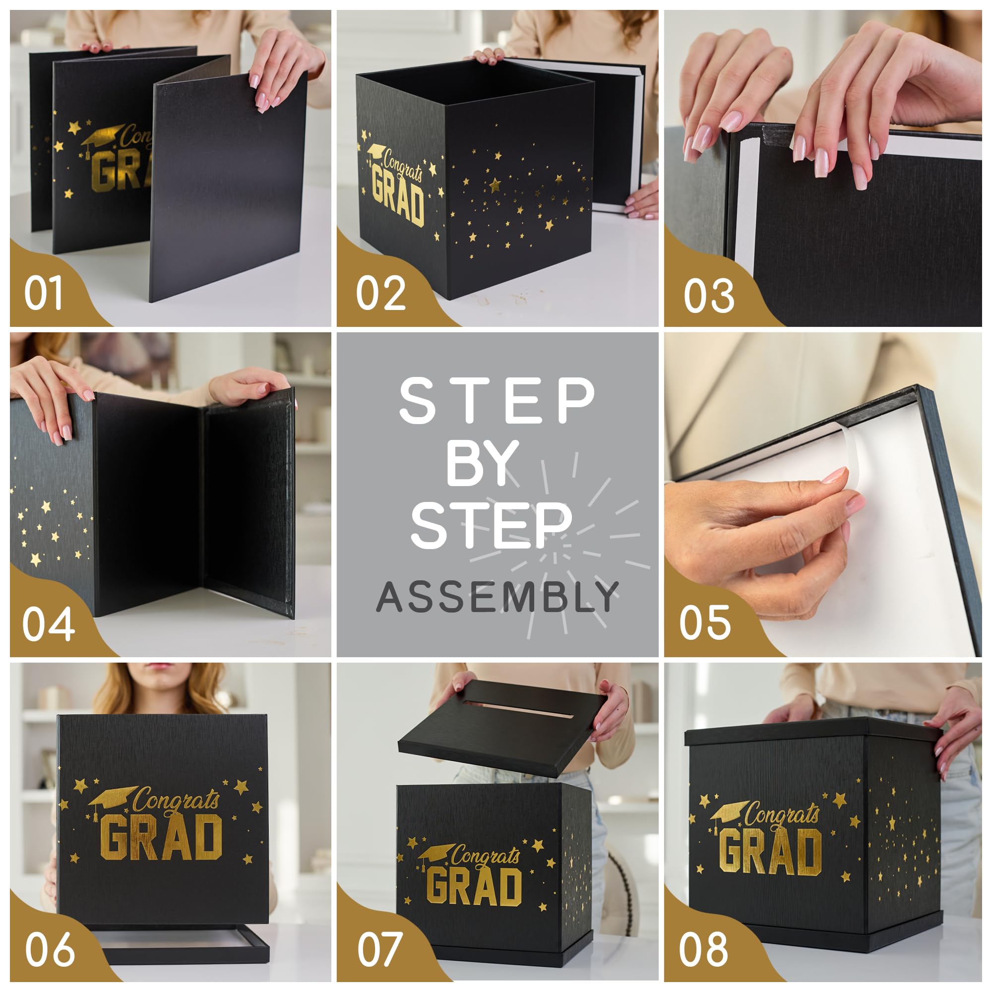 Hayley Cherie black-gold grad card box table decor ready