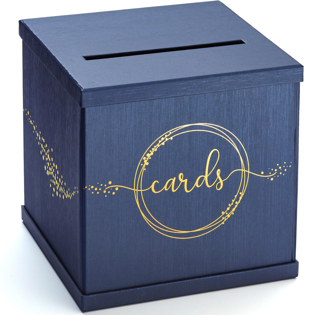 Hayley Cherie blue-gold card box front view with textured paper and gold foil detail
