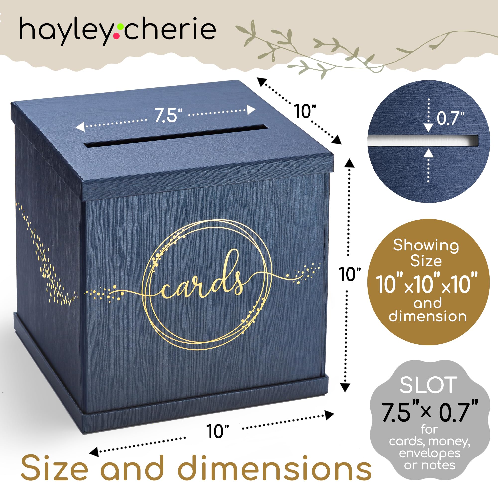 Hayley Cherie blue-gold card box lid-slot design for envelopes