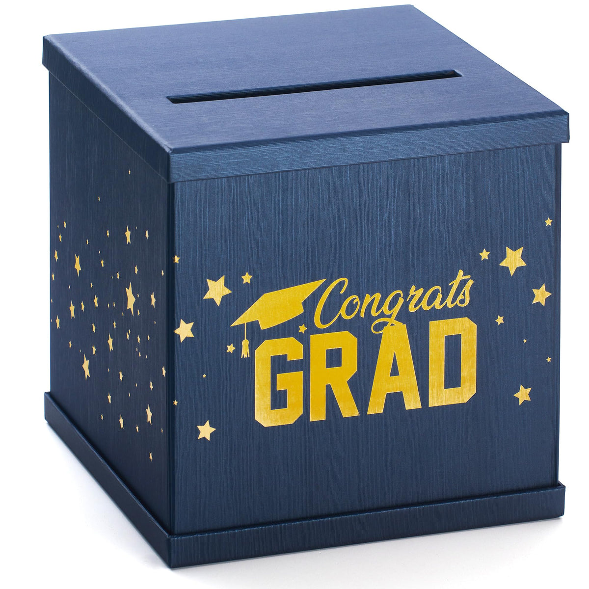 Hayley Cherie blue and gold graduation card box front design for elegant gift tables.