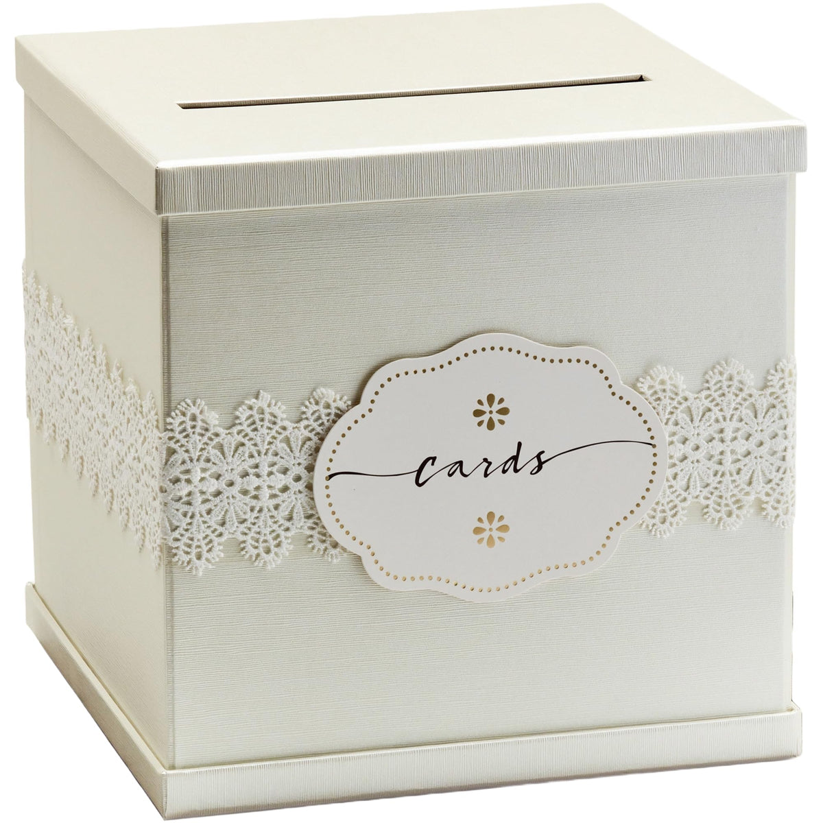 Hayley Cherie Ivory Wedding Card Box front view shows elegant texture and a neutral tone for refined tables
