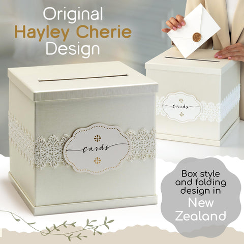 Hayley Cherie Ivory Wedding Card Box lid open demonstrating secure slot for envelopes and cash gifts