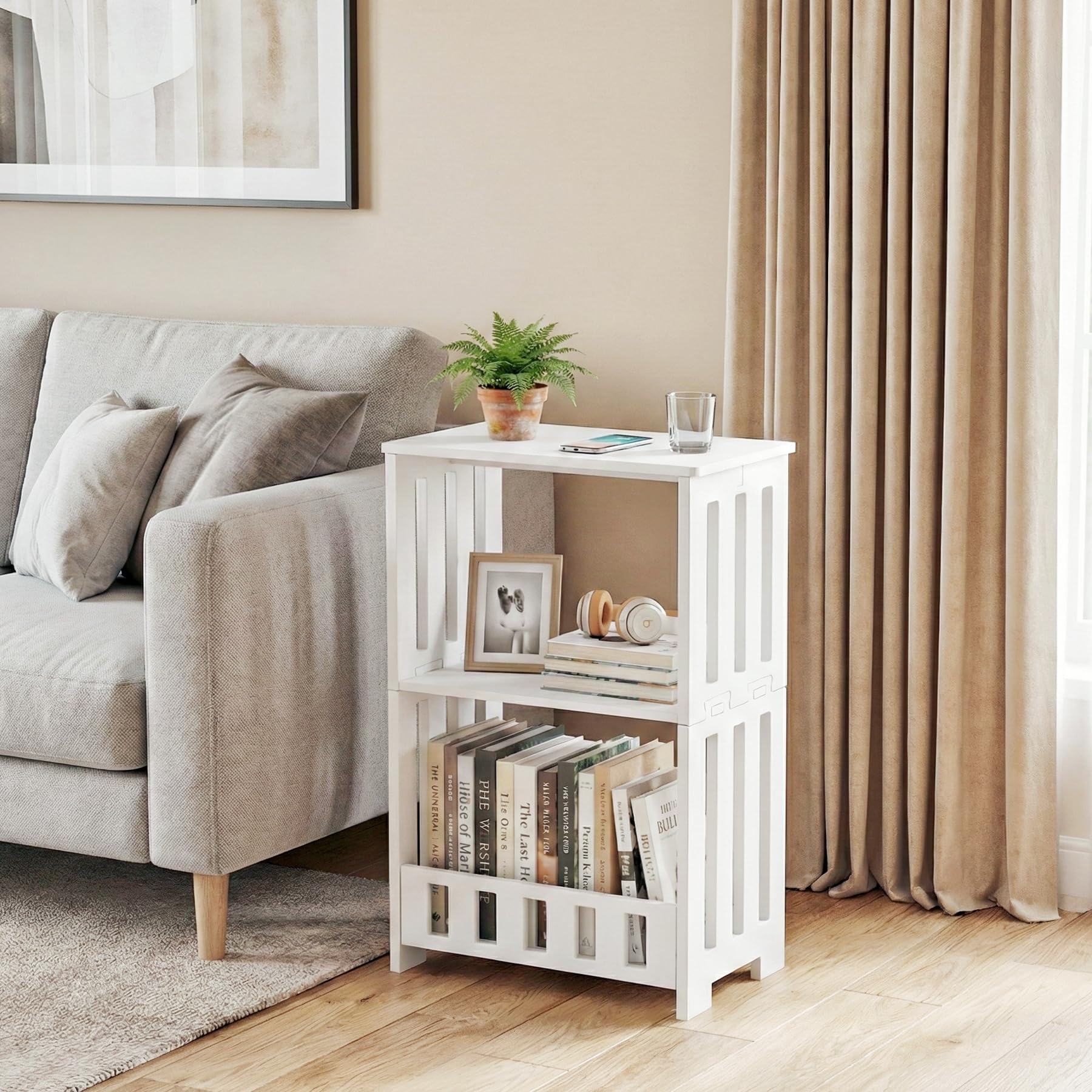 Hayofamy bedside end table, assembled and ready for a compact bedroom.