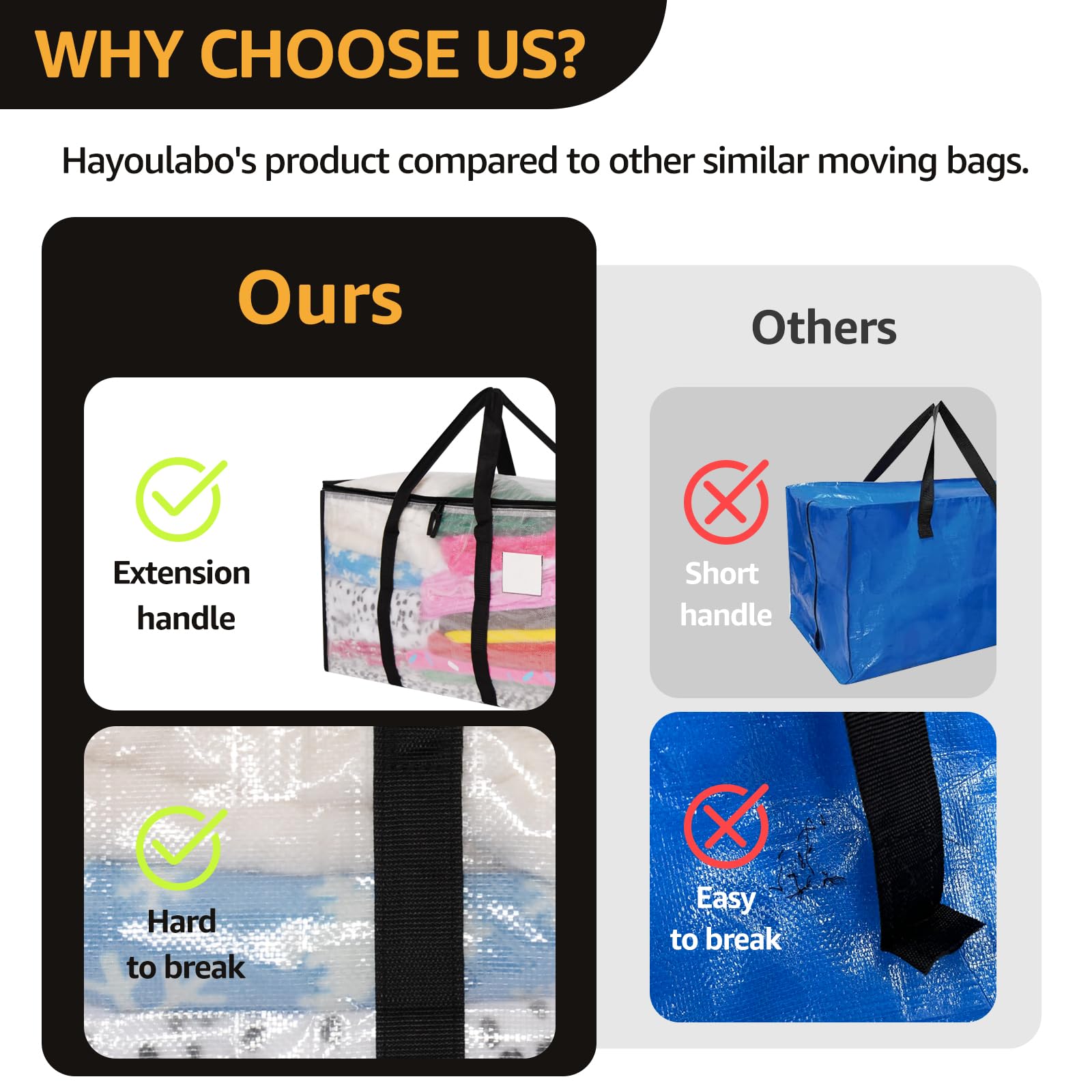 Hayoulabo label cards attach to the bag corner to tag items.