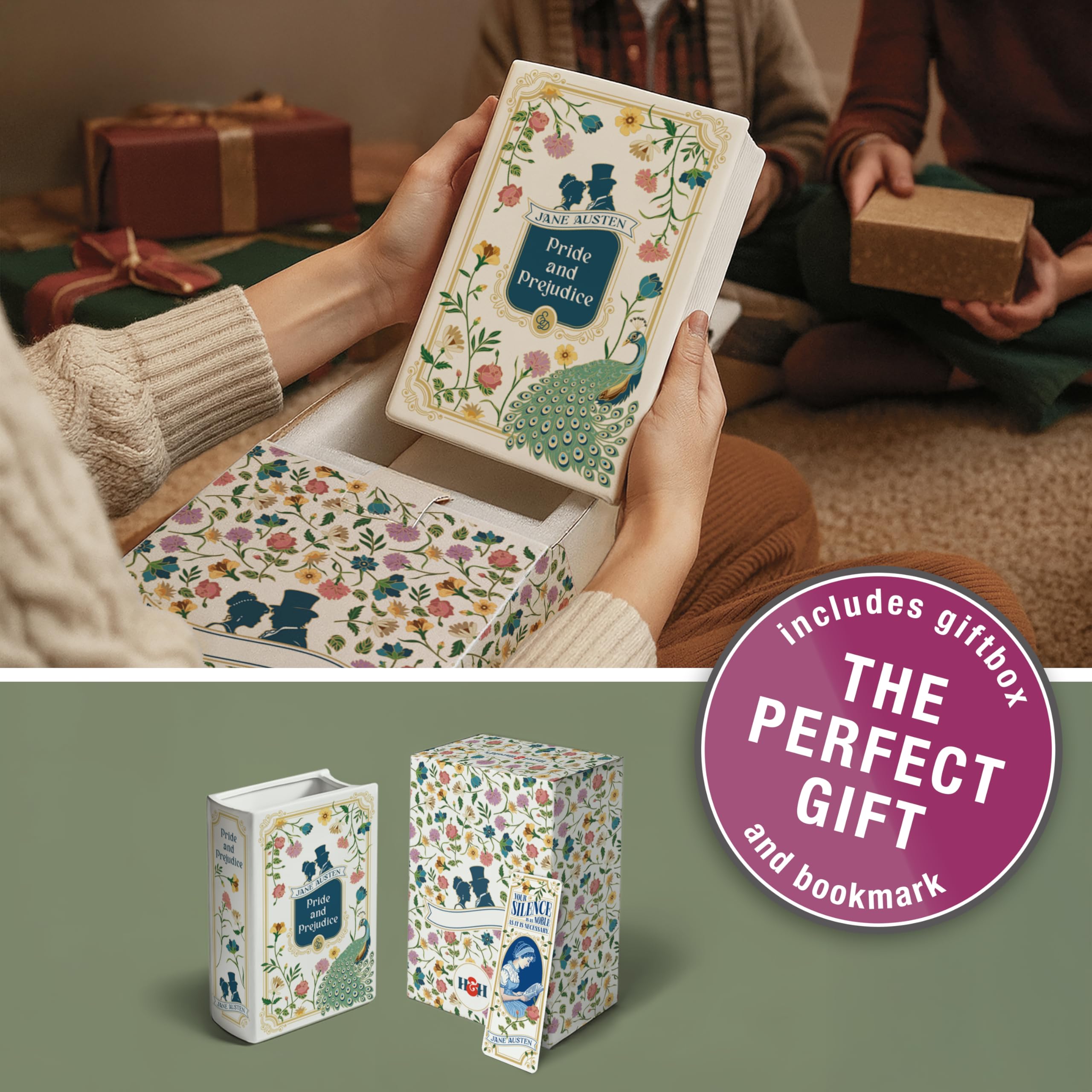 Hazel & Harold's Pride and Prejudice book vase showcases a large bloom display on shelf