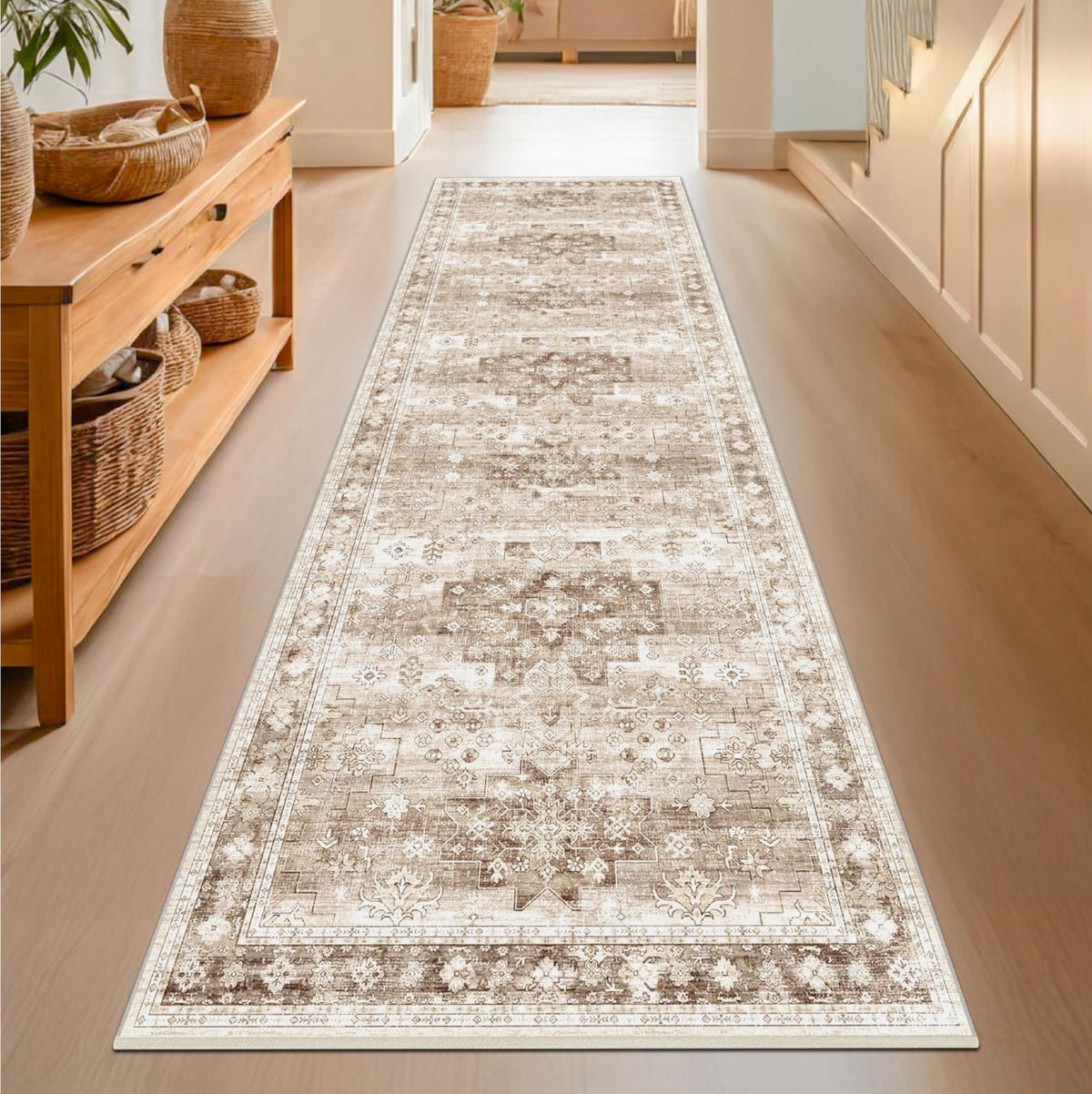 Hazo Haus beige washable hallway runner closeup shows soft texture for cozy foot traffic.