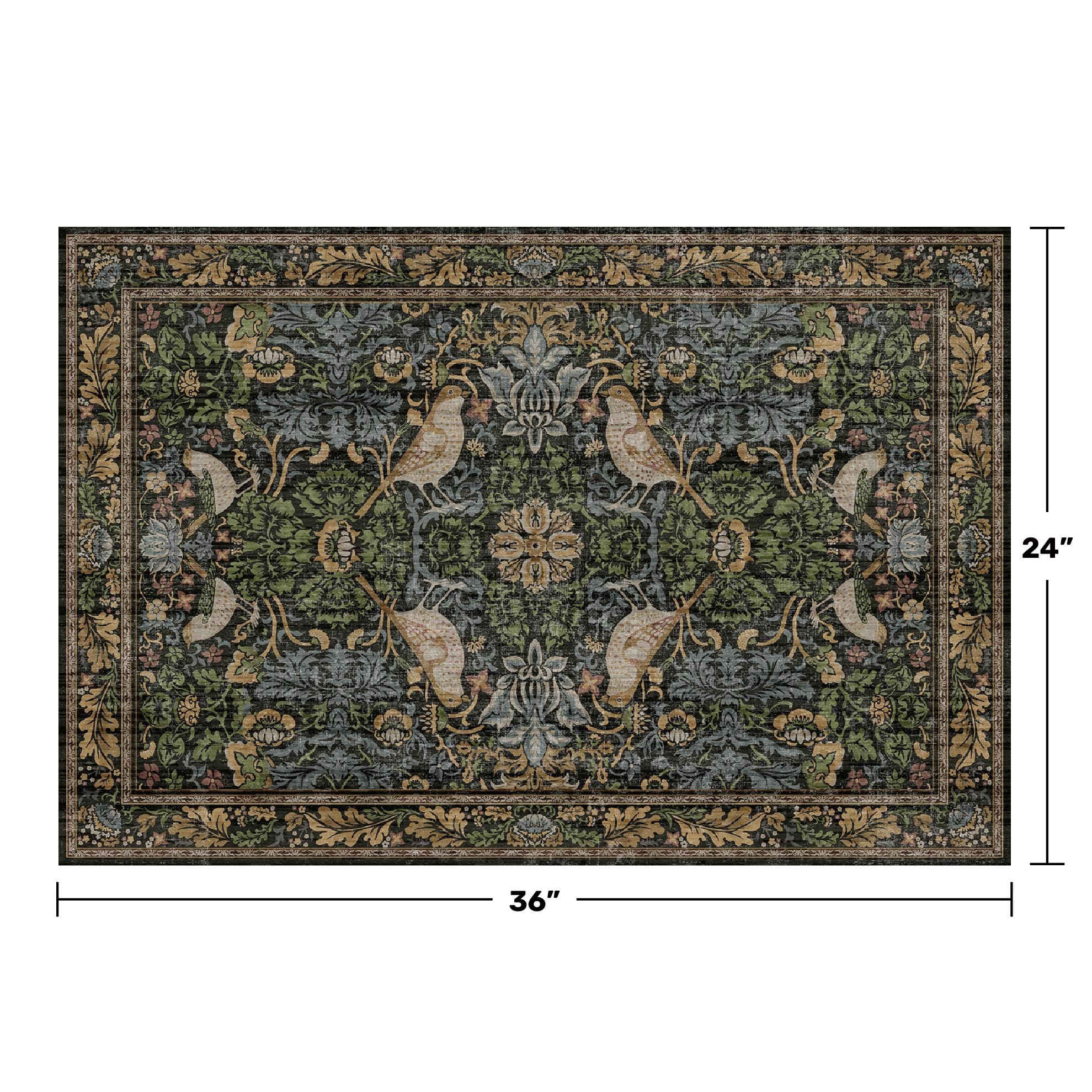 Hazo Haus rug close-up with bird and botanical motif in dark tones.