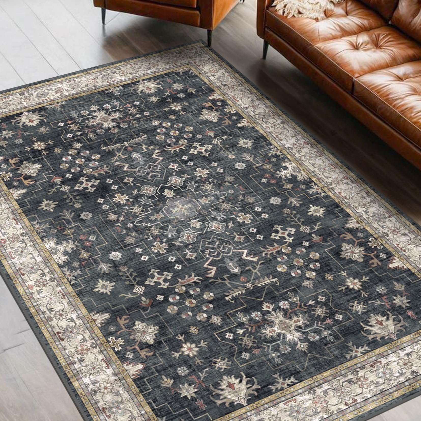 Hazo Haus black boho living room rug with non-slip backing for stability.