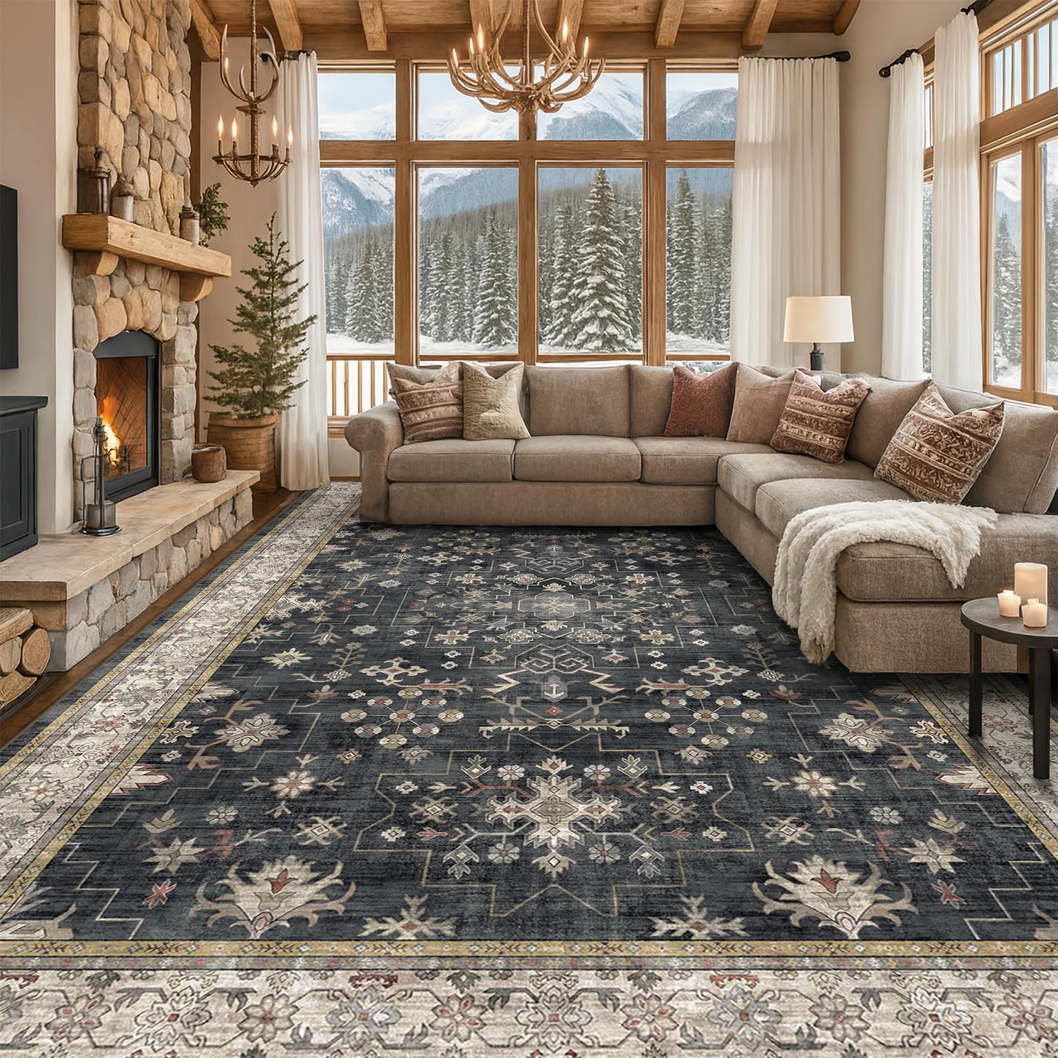 Hazo Haus black boho rug 9x12 for living room with easy cleaning and comfort.